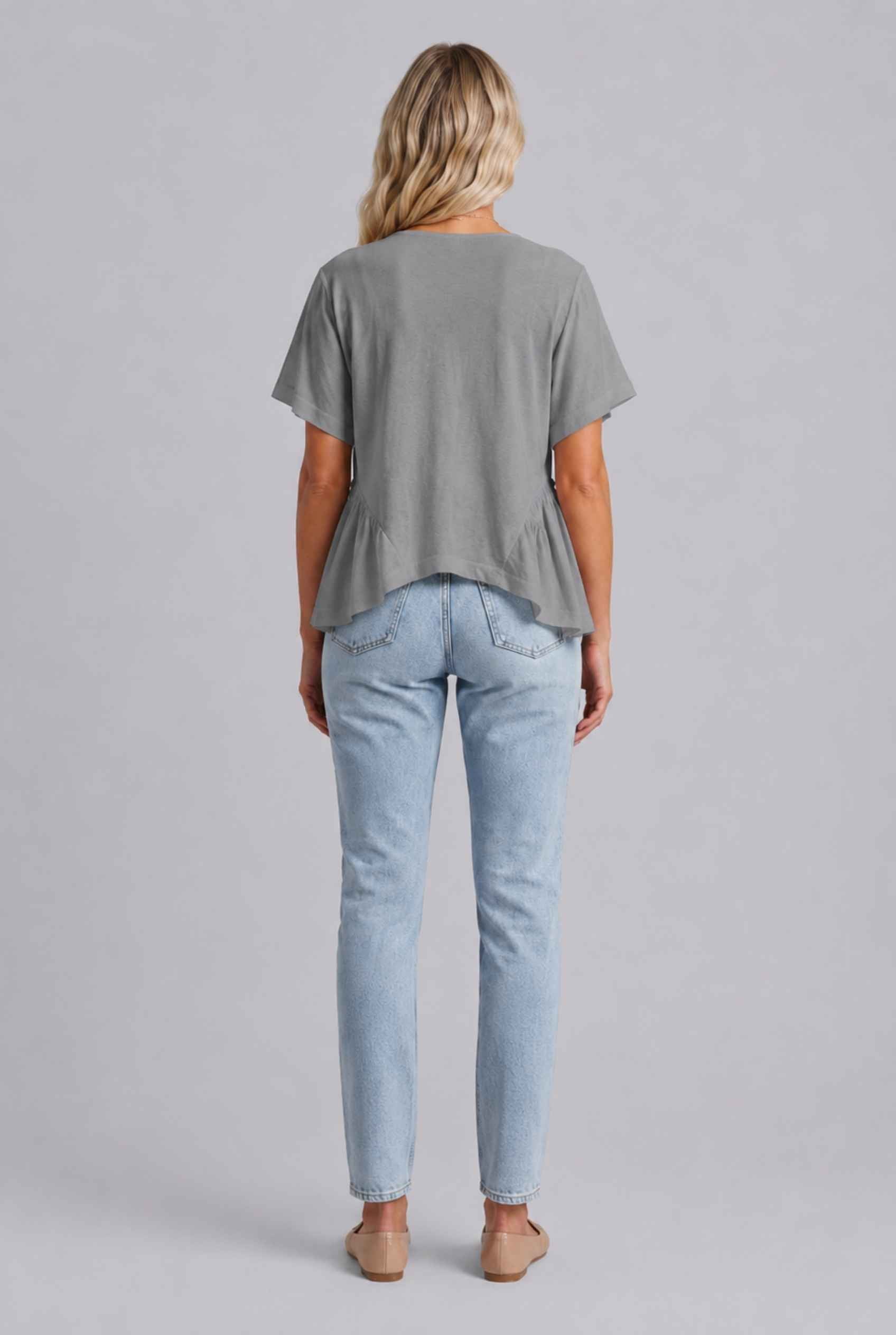 Virtual Model wearing The Paloma Tied Peplum Top Cotton Slub Light Gray Tie-Front Top