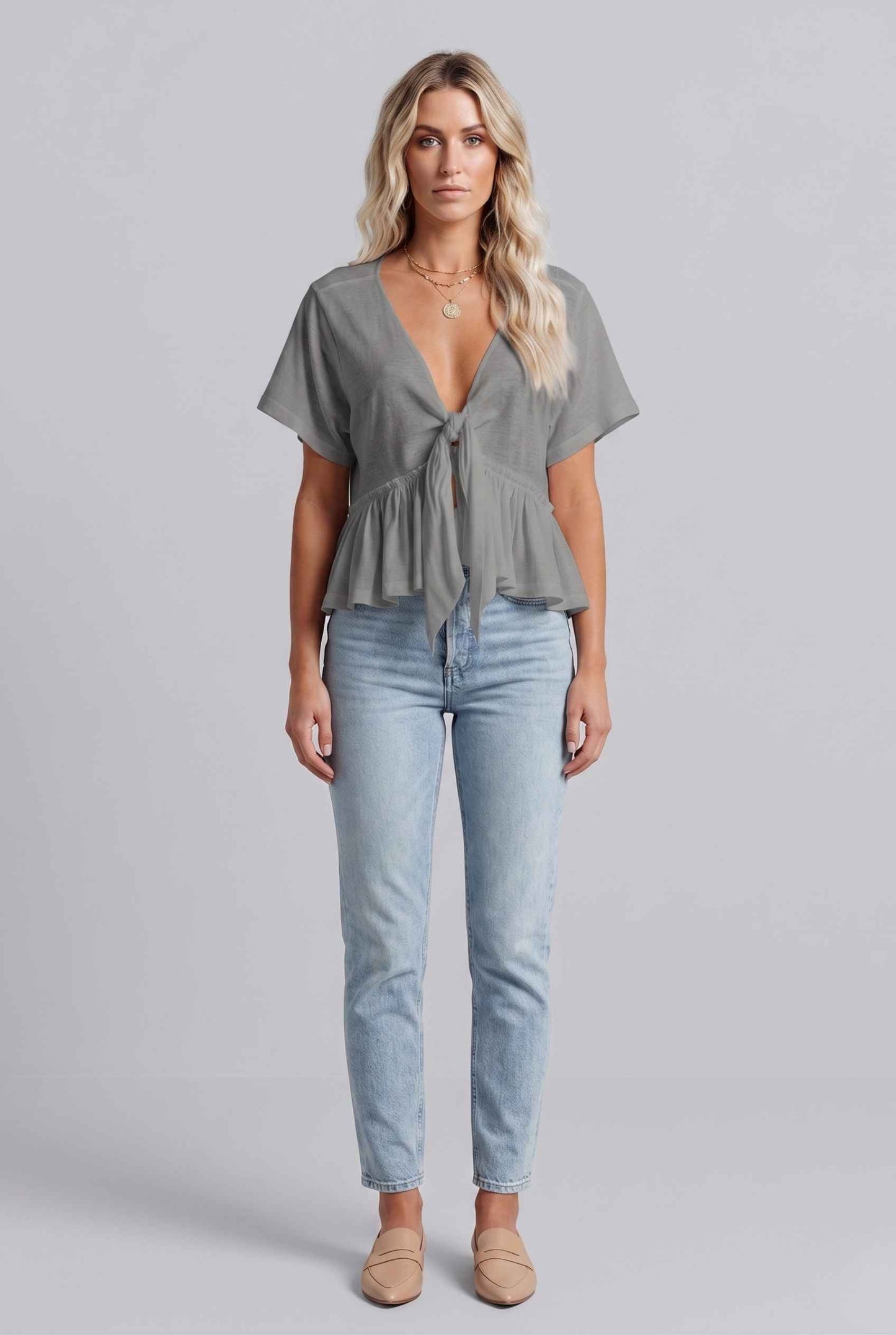 Virtual Model wearing The Paloma Tied Peplum Top Cotton Slub Light Gray Tie-Front Top