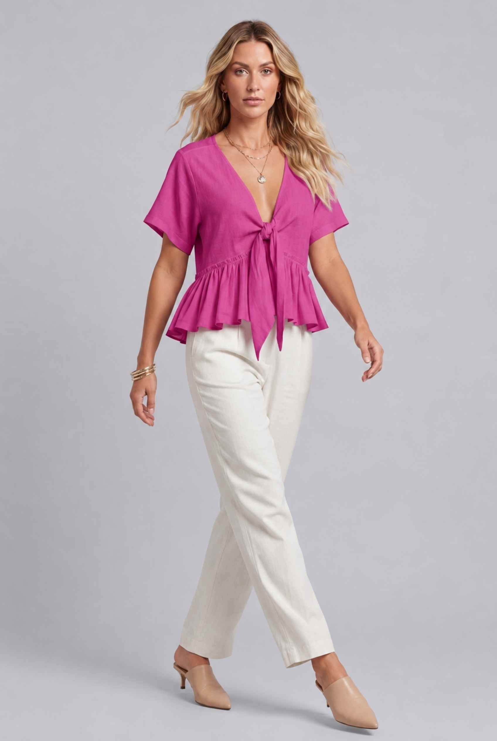 Virtual Model wearing The Paloma Tied Peplum Top Cotton Slub Pink Tie-Front Top