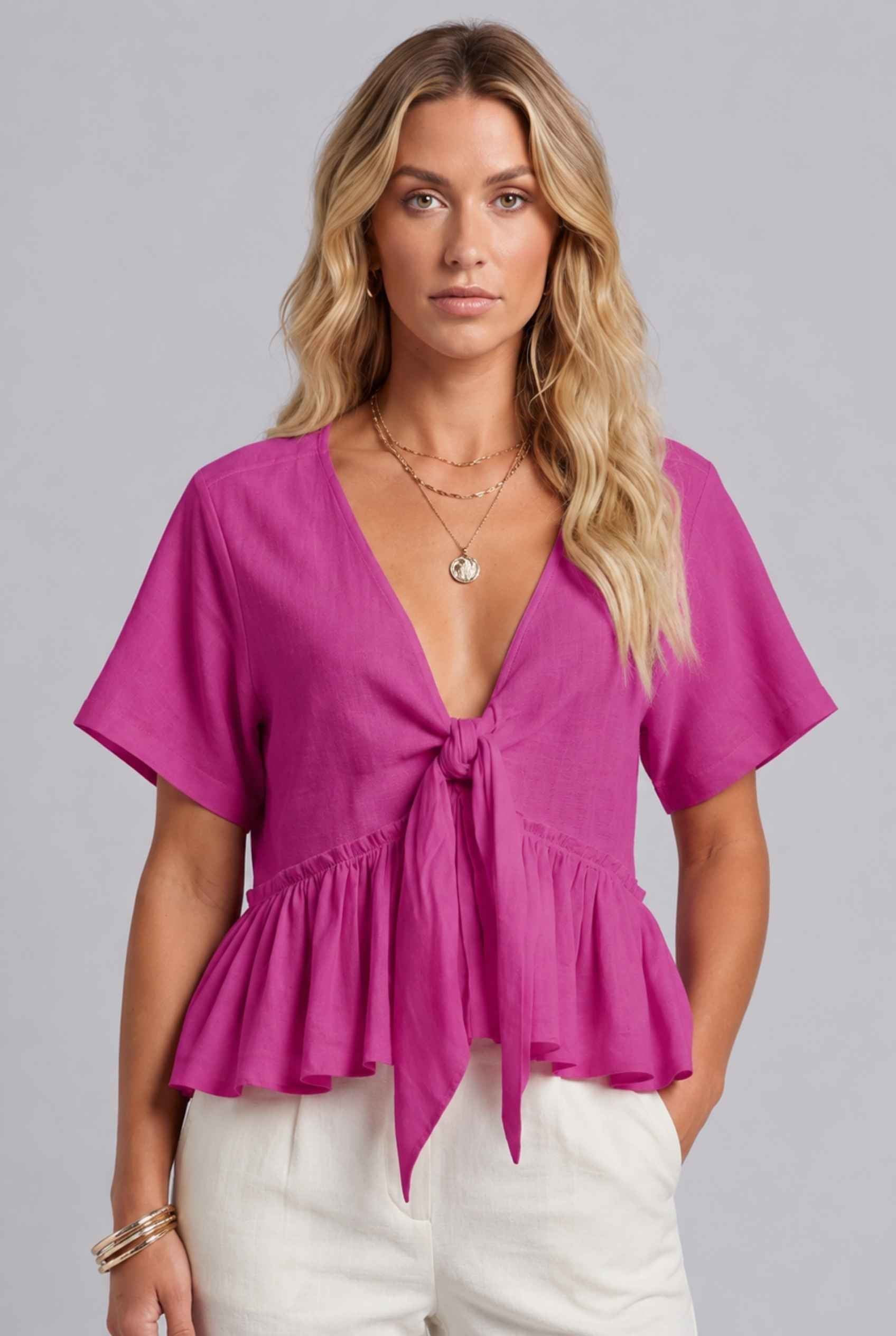 Virtual Model wearing The Paloma Tied Peplum Top Cotton Slub Pink Tie-Front Top