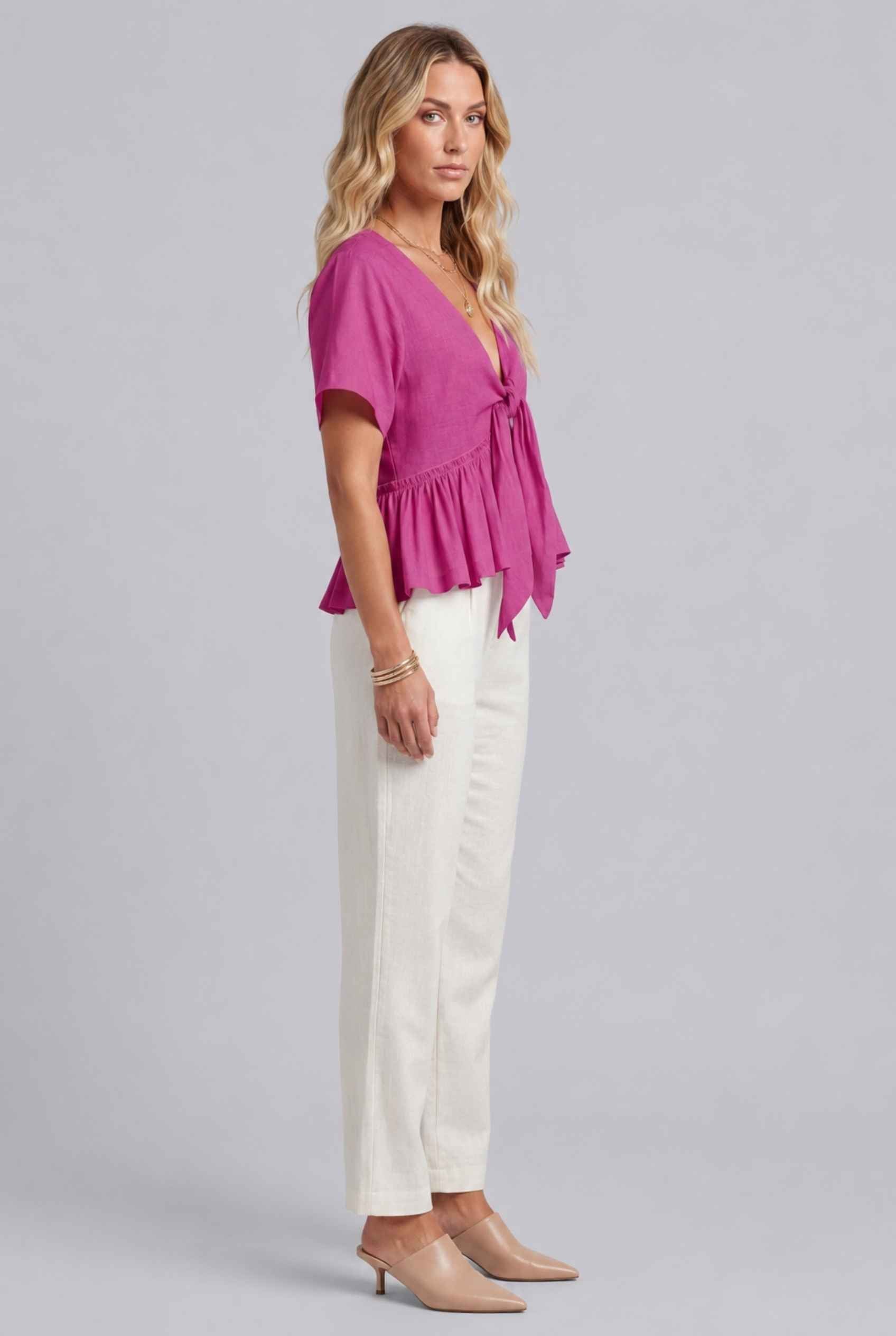 Virtual Model wearing The Paloma Tied Peplum Top Cotton Slub Pink Tie-Front Top