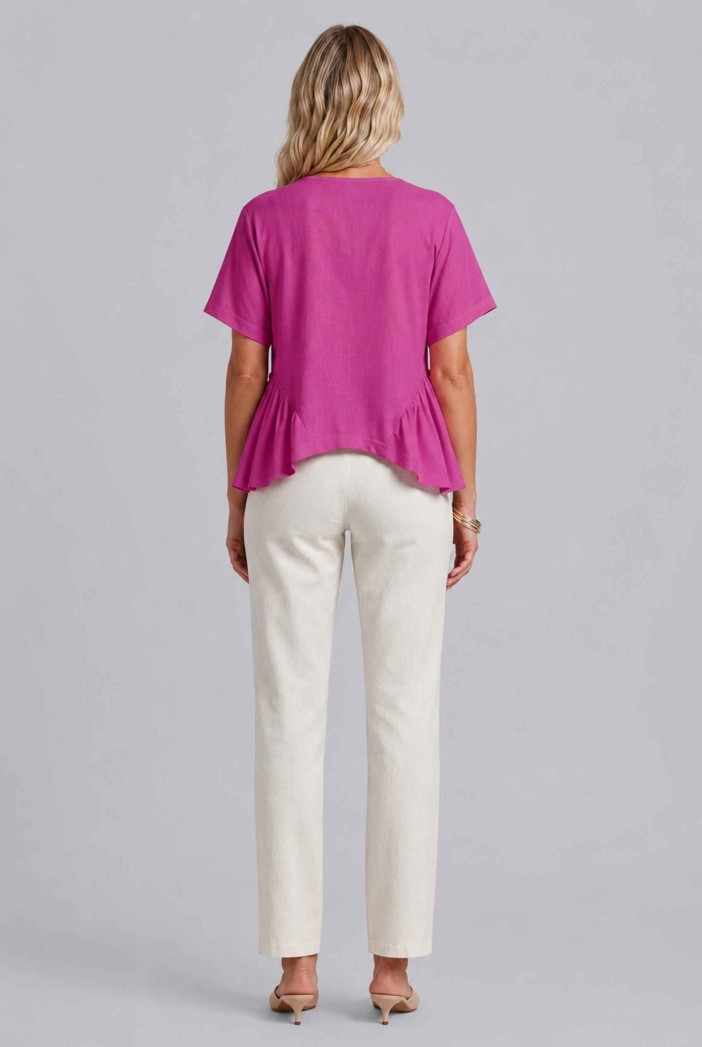 Virtual Model wearing The Paloma Tied Peplum Top Cotton Slub Pink Tie-Front Top