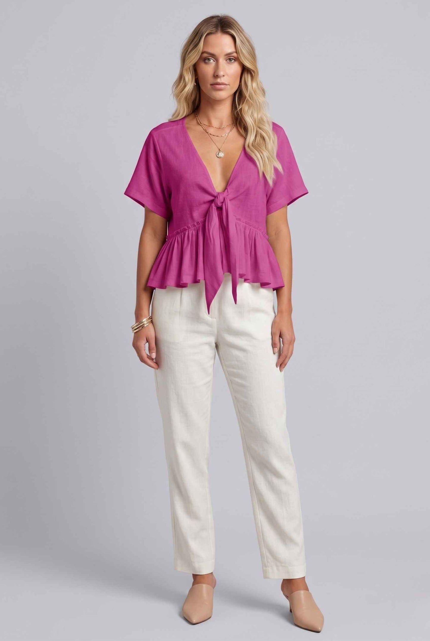 Virtual Model wearing The Paloma Tied Peplum Top Cotton Slub Pink Tie-Front Top