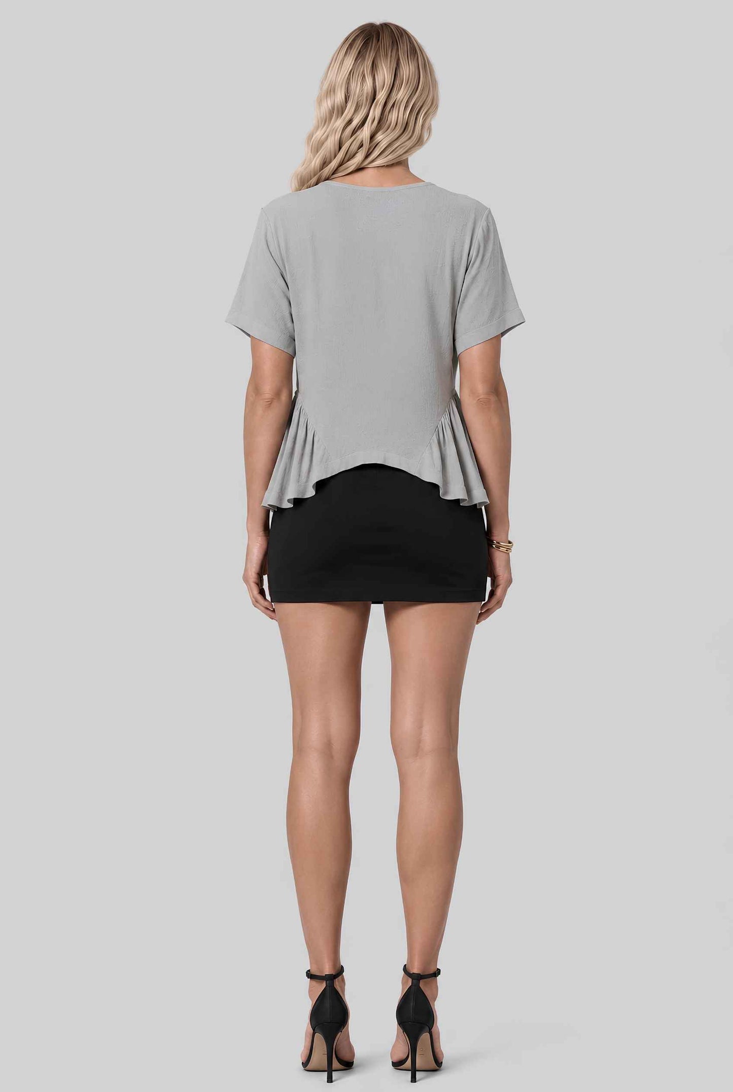 Virtual model wearing The Paloma Tied Peplum Top Cotton Slub Tie-Front Top in Light Gray