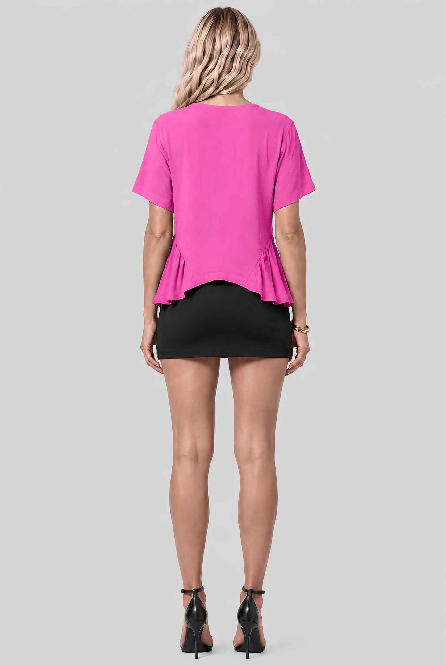 Virtual model wearing The Paloma Tied Peplum Top Cotton Slub Tie-Front Top in Pink