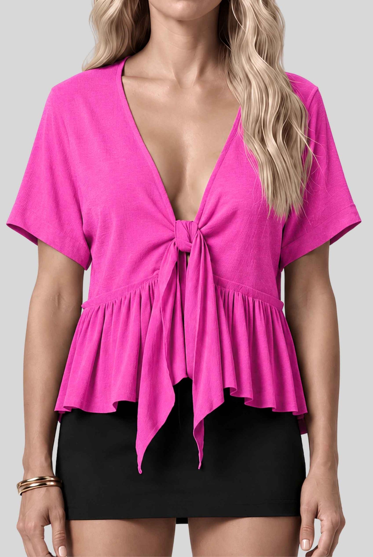 Virtual model wearing The Paloma Tied Peplum Top Cotton Slub Tie-Front Top in Pink