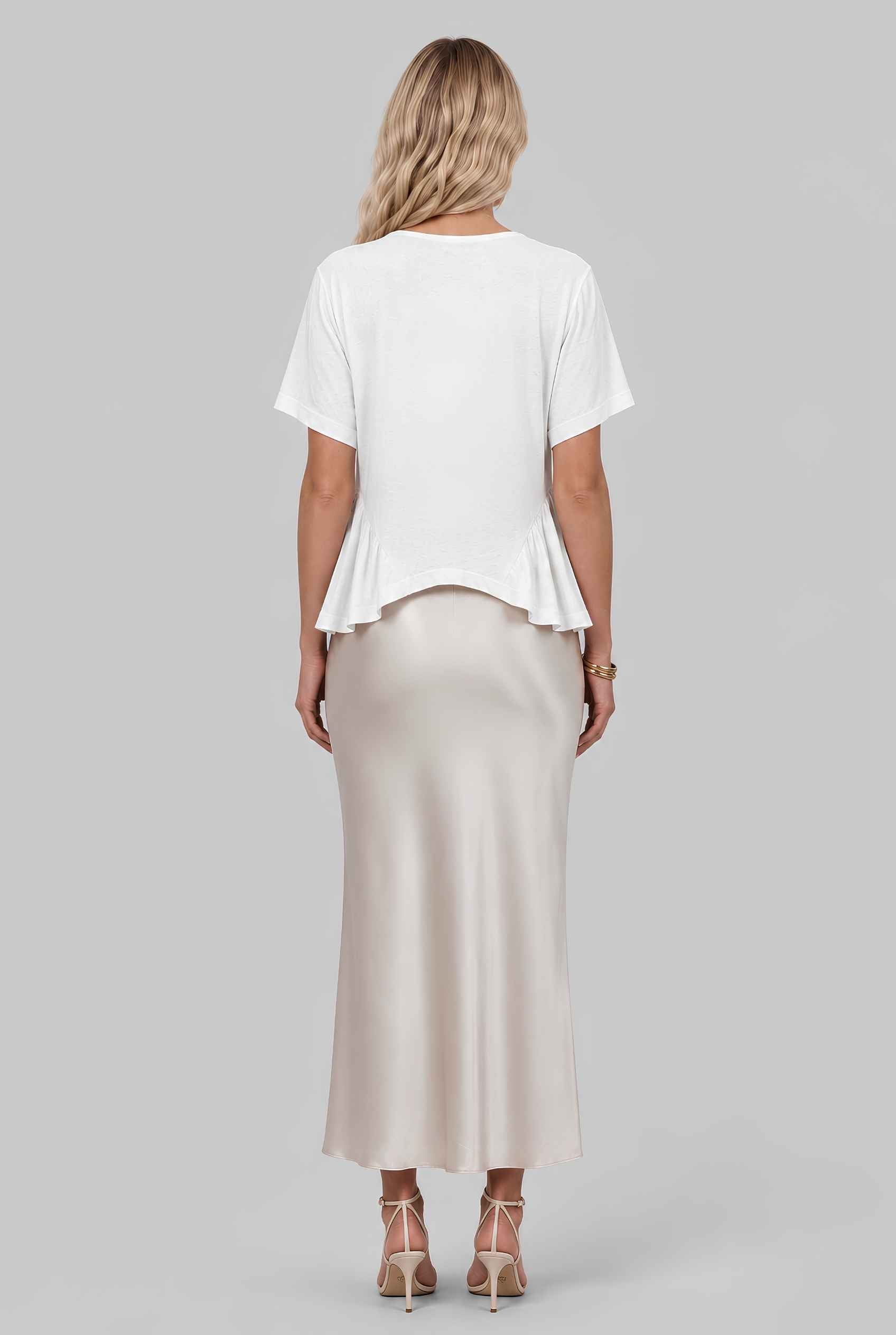 Virtual model wearing The Paloma Tied Peplum Top Cotton Slub Tie-Front Top in White