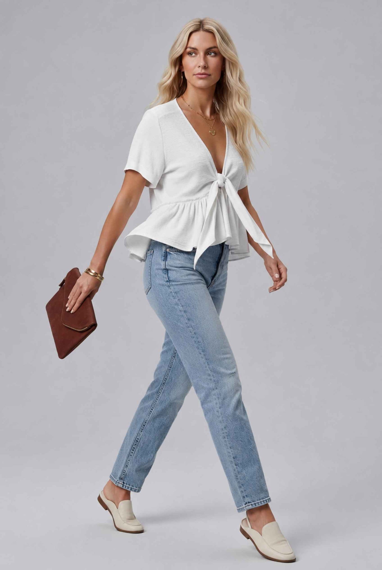 Virtual Model wearing The Paloma Tied Peplum Top Cotton Slub White Tie-Front Top