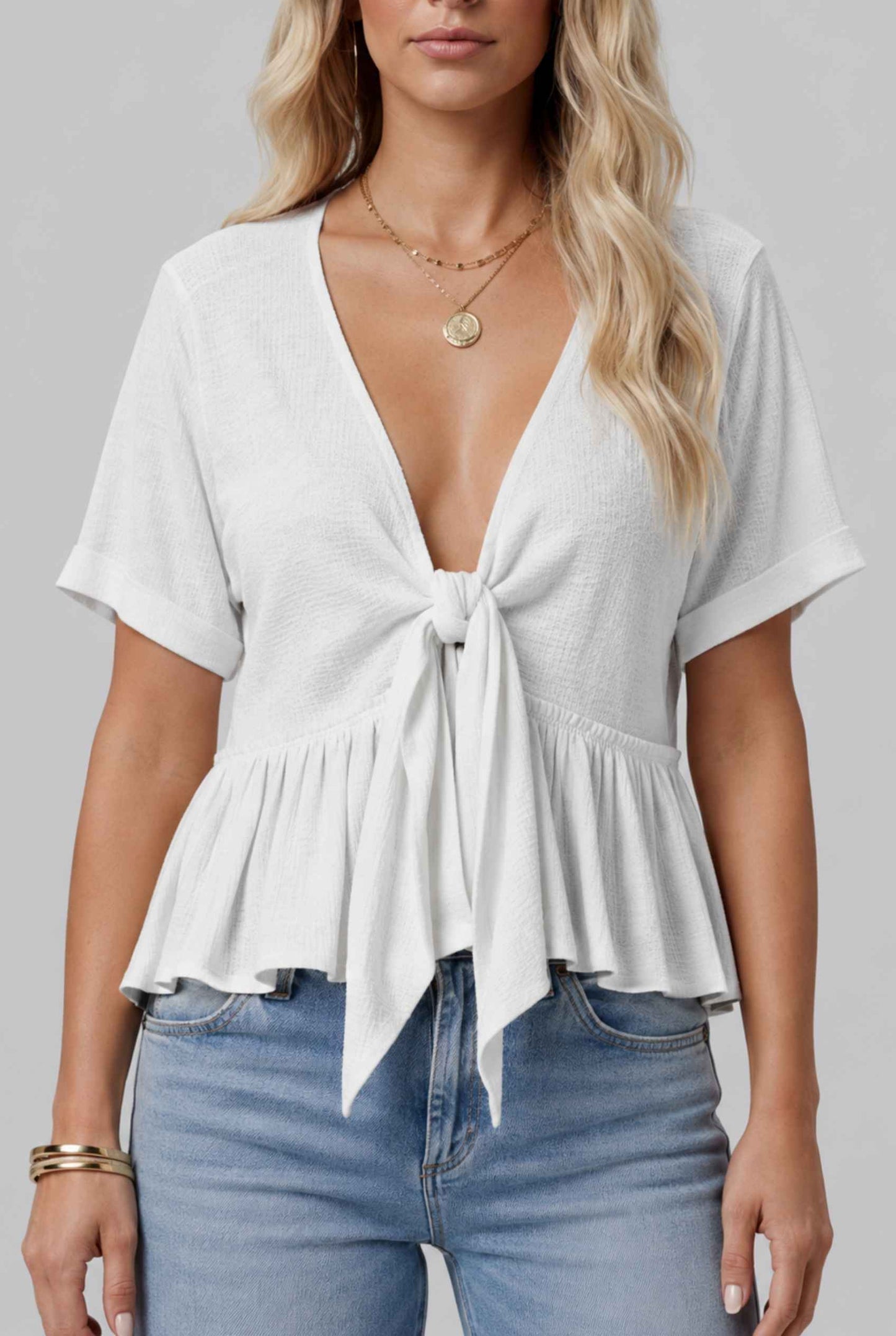 Virtual Model wearing The Paloma Tied Peplum Top Cotton Slub White Tie-Front Top