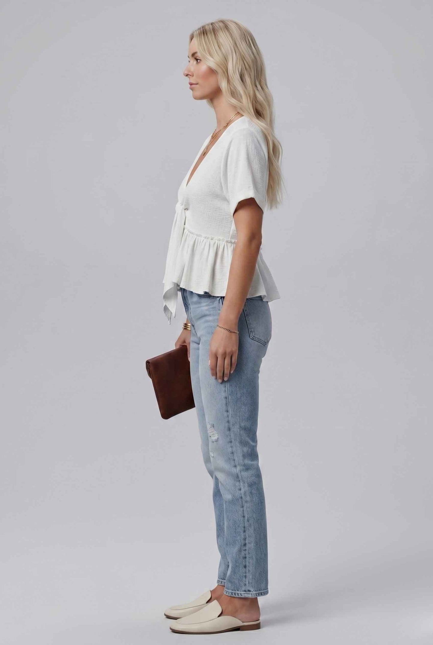 Virtual Model wearing The Paloma Tied Peplum Top Cotton Slub White Tie-Front Top