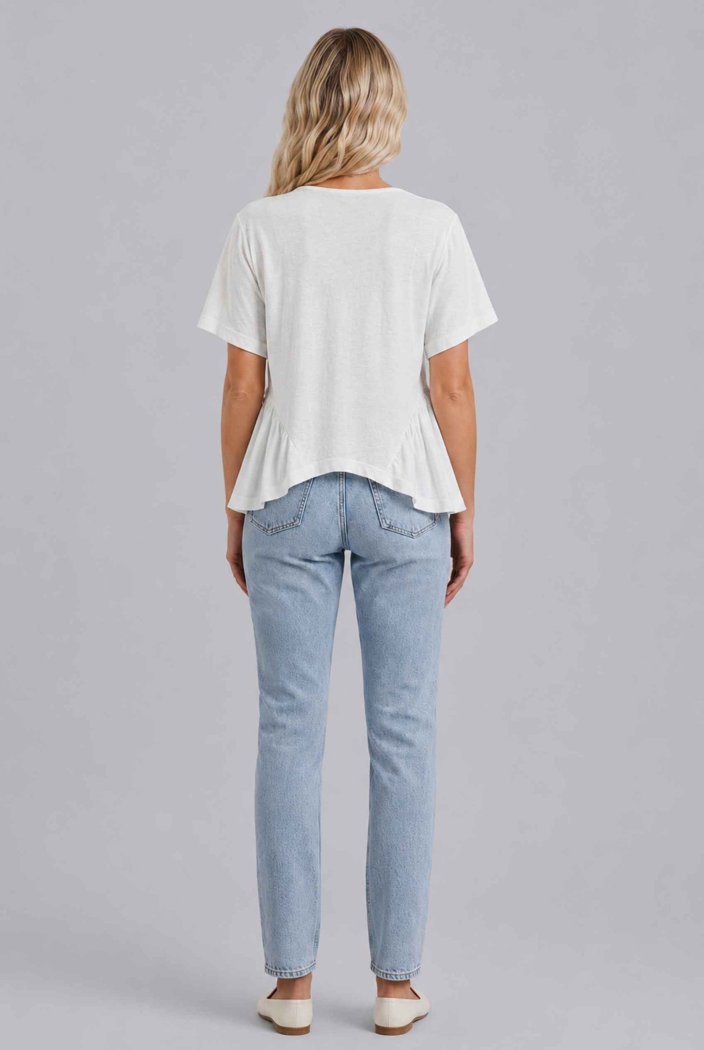Virtual Model wearing The Paloma Tied Peplum Top Cotton Slub White Tie-Front Top