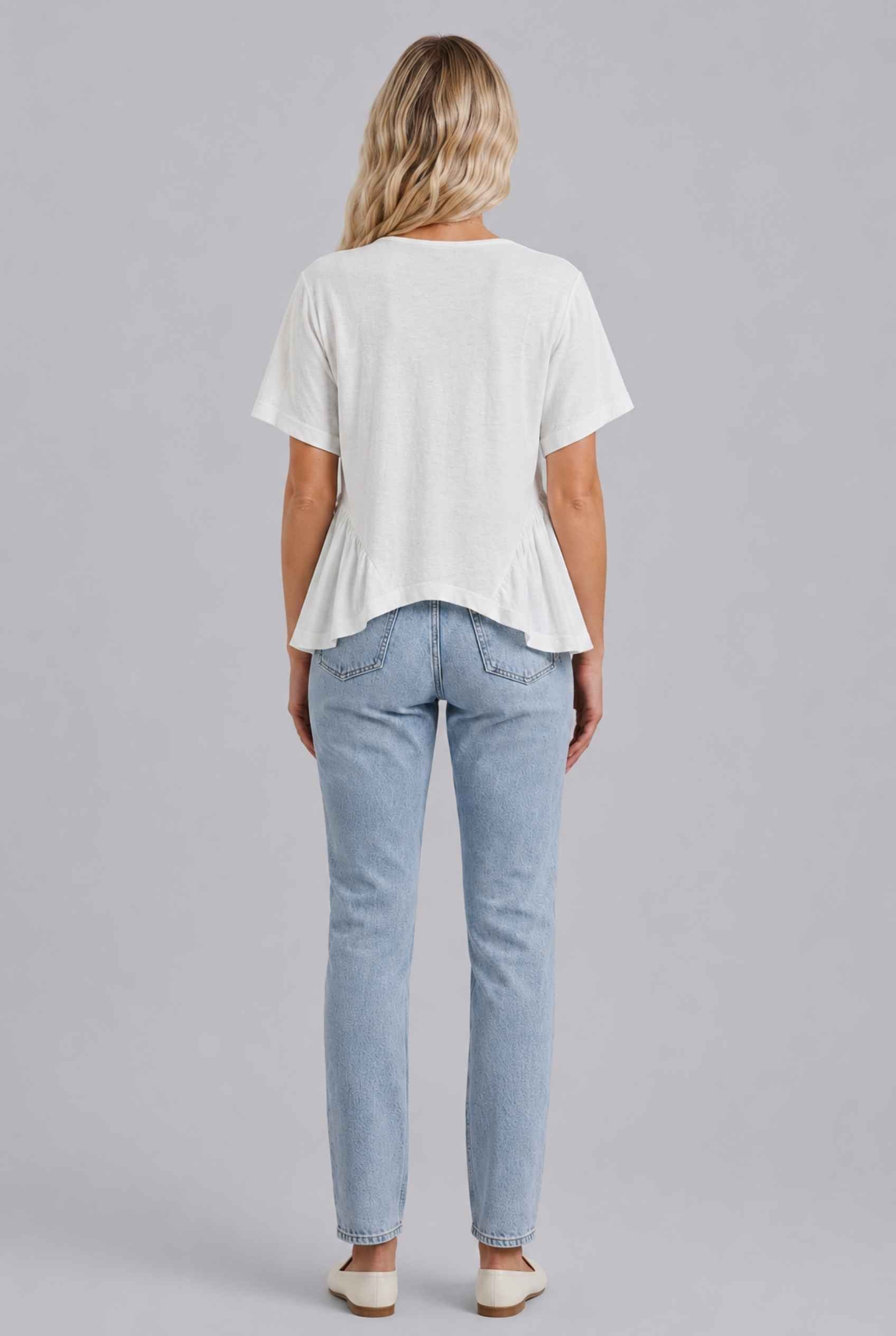 Virtual Model wearing The Paloma Tied Peplum Top Cotton Slub White Tie-Front Top