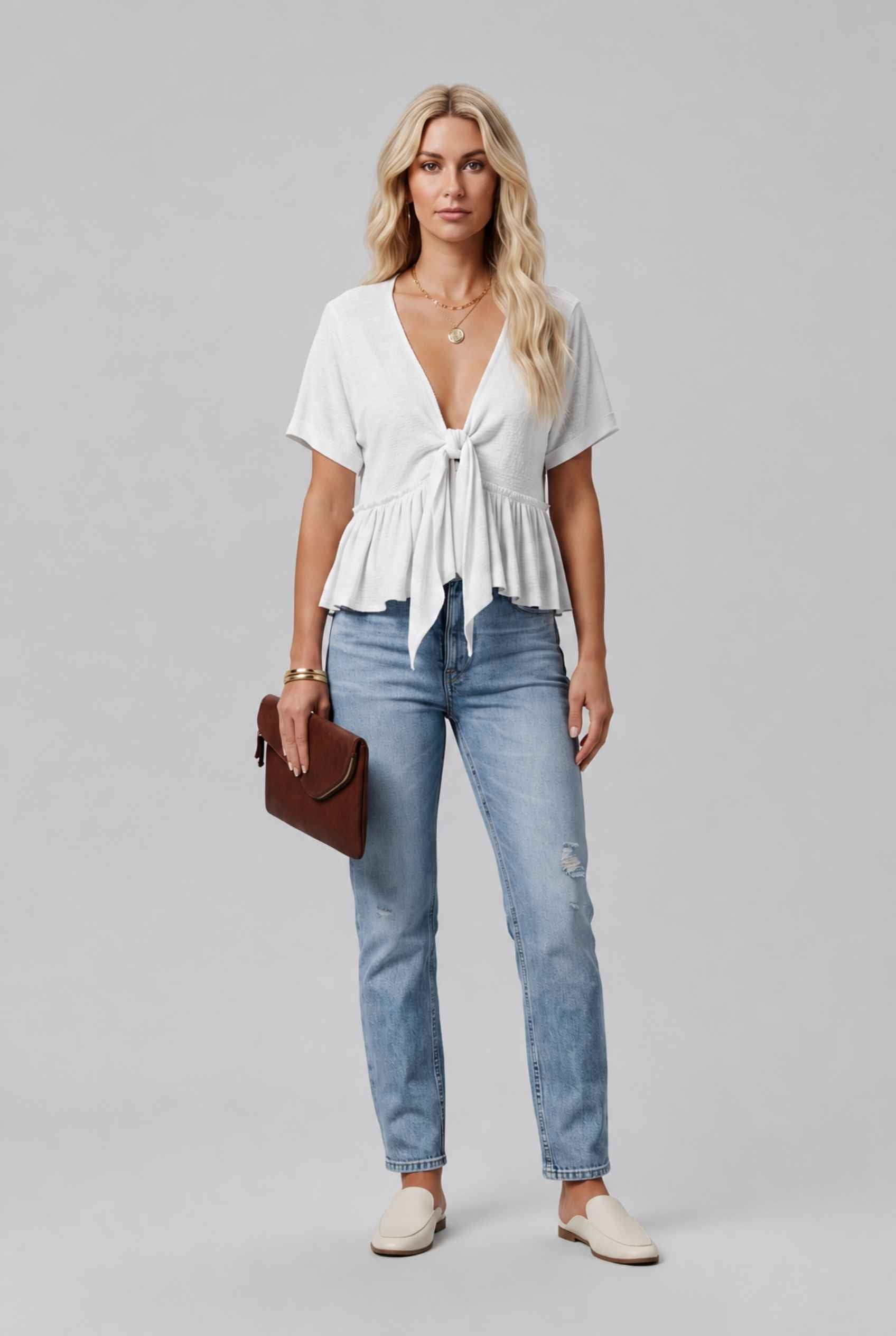 Virtual Model wearing The Paloma Tied Peplum Top Cotton Slub White Tie-Front Top