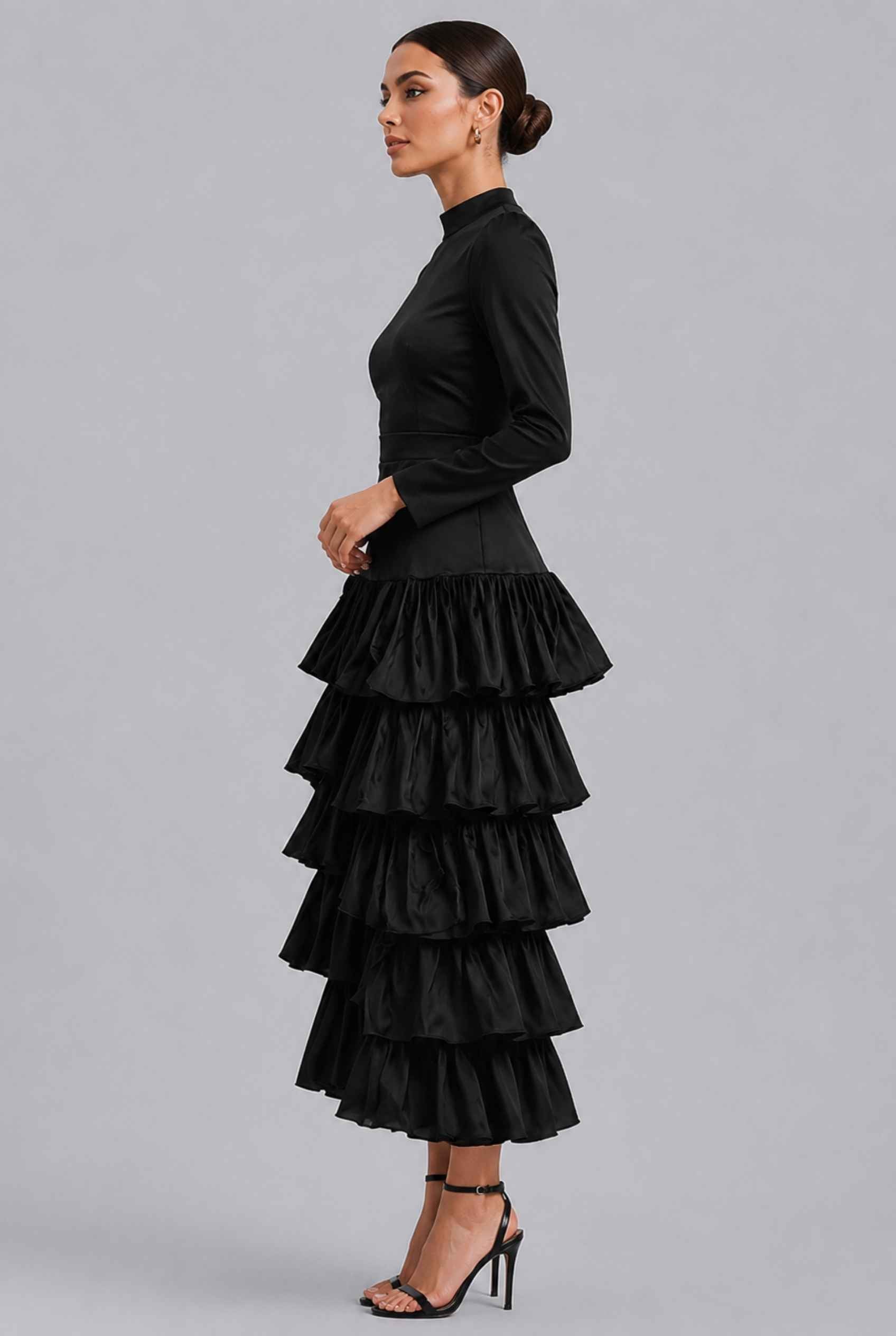 Virtual Model Wearing The Paris Tiered Ruffle Skirt Black High Waisted Ruffle Tiered Skirt