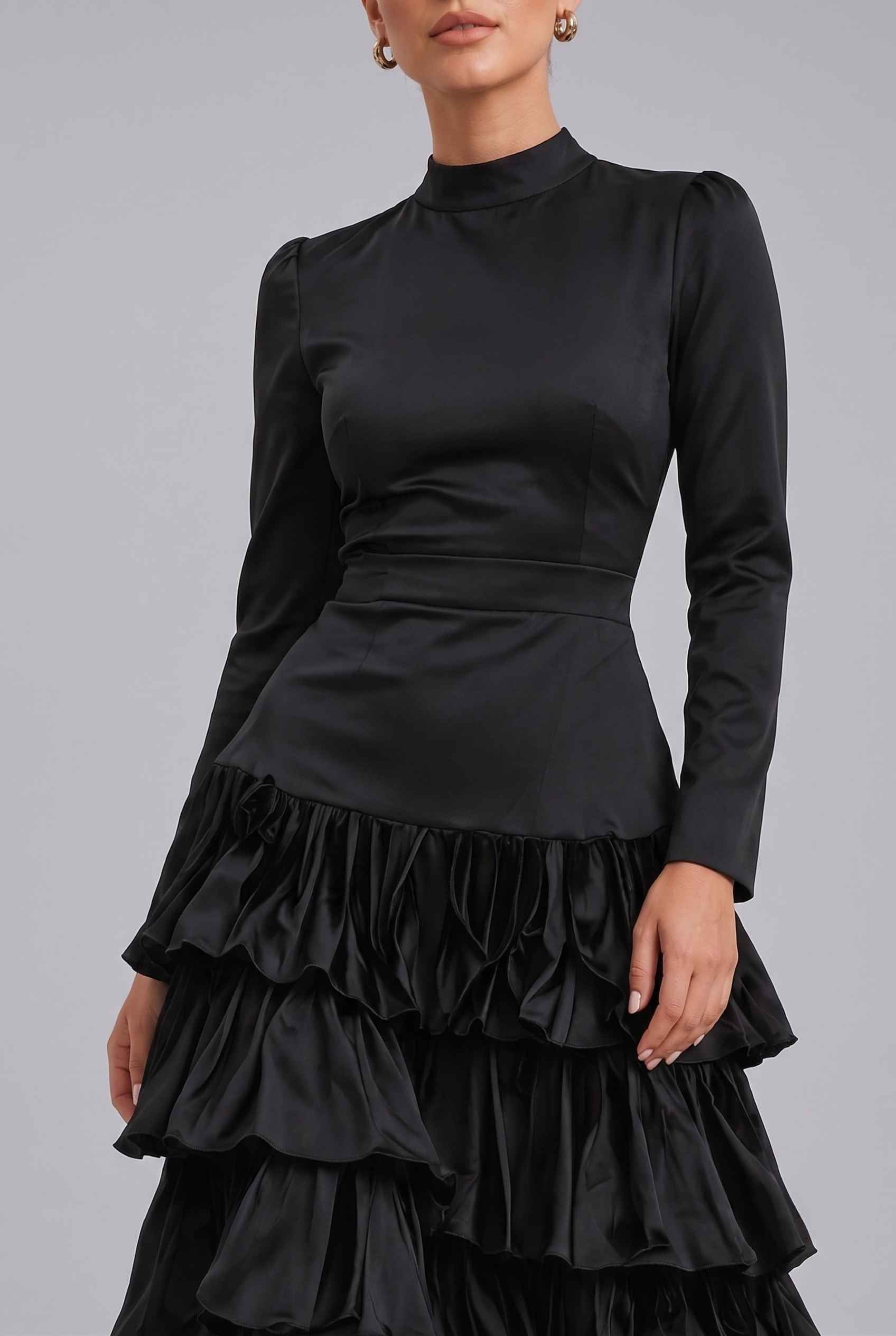 Virtual Model Wearing The Paris Tiered Ruffle Skirt Black High Waisted Ruffle Tiered Skirt