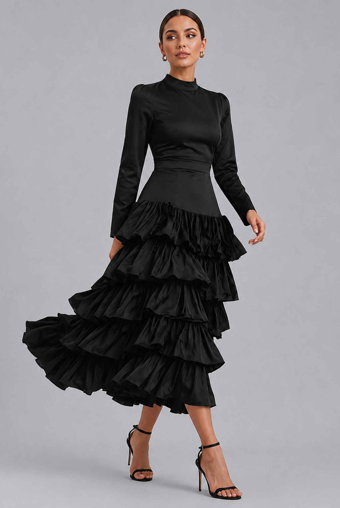 Virtual Model Wearing The Paris Tiered Ruffle Skirt Black High Waisted Ruffle Tiered Skirt