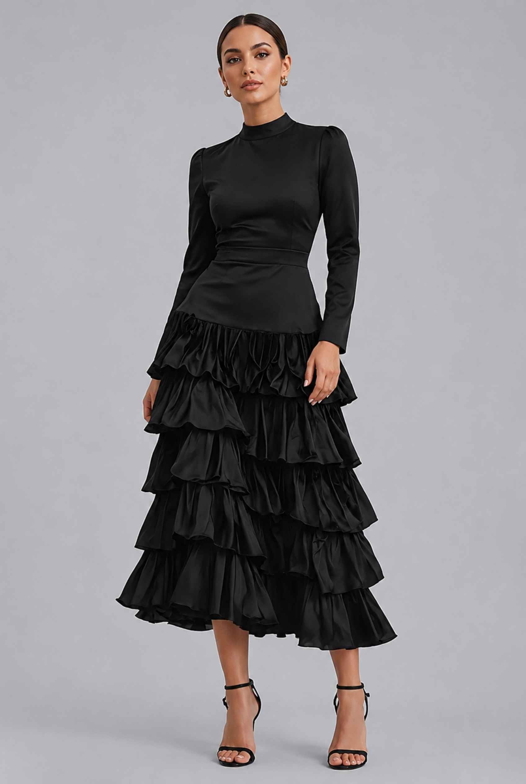 Virtual Model Wearing The Paris Tiered Ruffle Skirt Black High Waisted Ruffle Tiered Skirt
