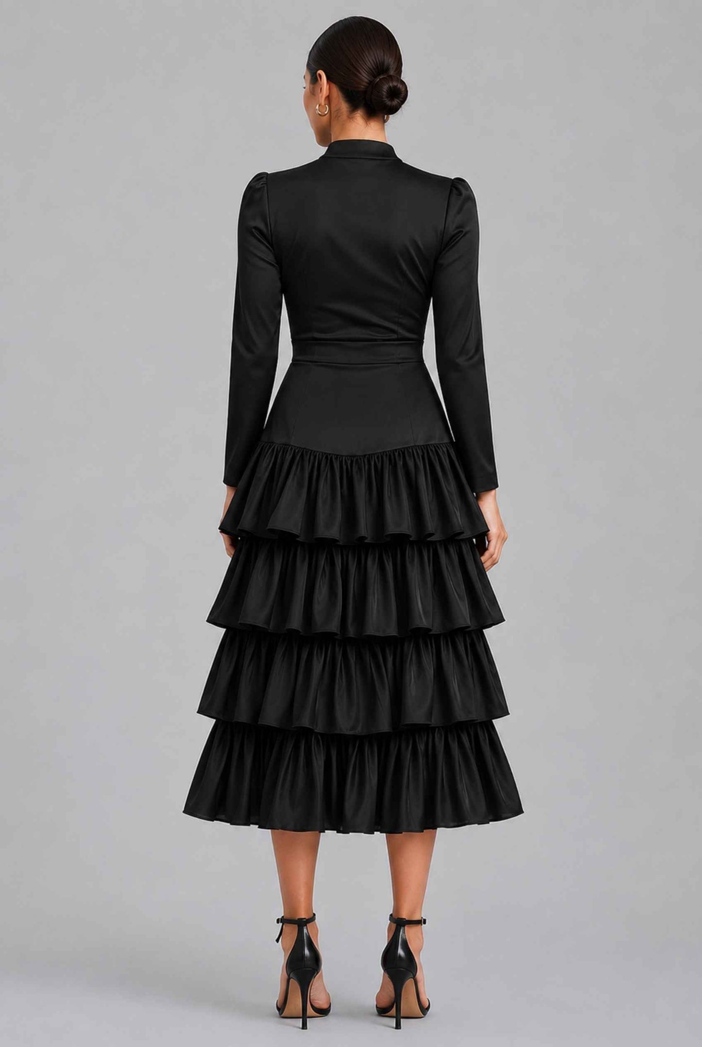 Virtual Model Wearing The Paris Tiered Ruffle Skirt Black High Waisted Ruffle Tiered Skirt