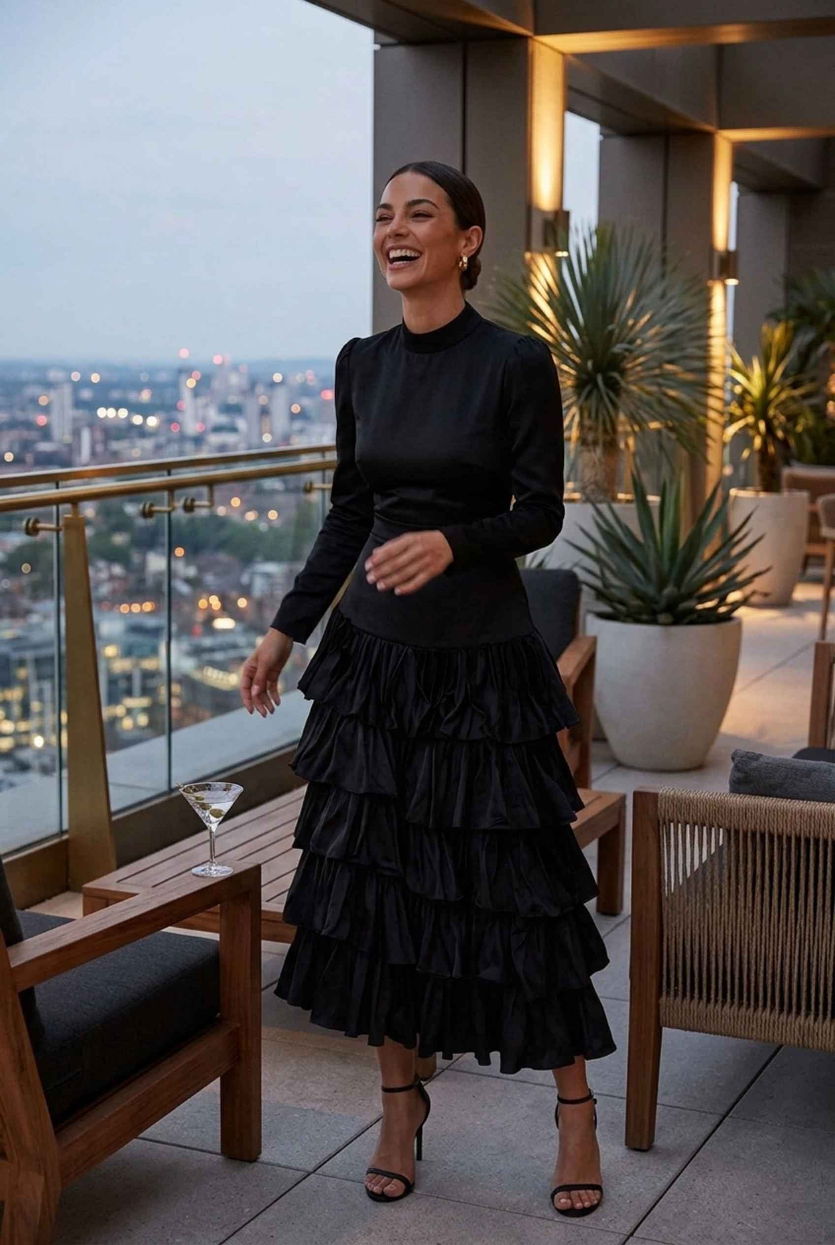 Virtual Model Wearing The Paris Tiered Ruffle Skirt Black High Waisted Ruffle Tiered Skirt