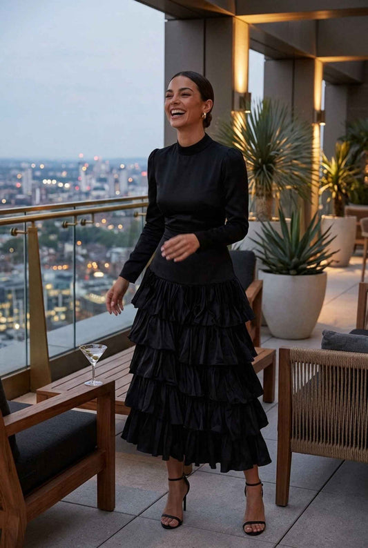 Virtual Model Wearing The Paris Tiered Ruffle Skirt Black High Waisted Ruffle Tiered Skirt