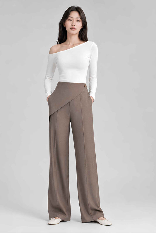 Virtual model wearing The Peyton Asymmetrical Trouser Wide-Leg Wool-Blend Trousers in Taupe