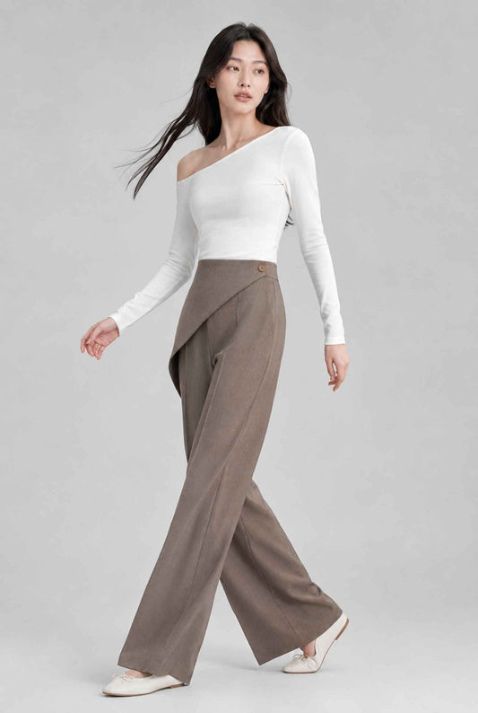 Virtual model wearing The Peyton Asymmetrical Trouser Wide-Leg Wool-Blend Trousers in Taupe