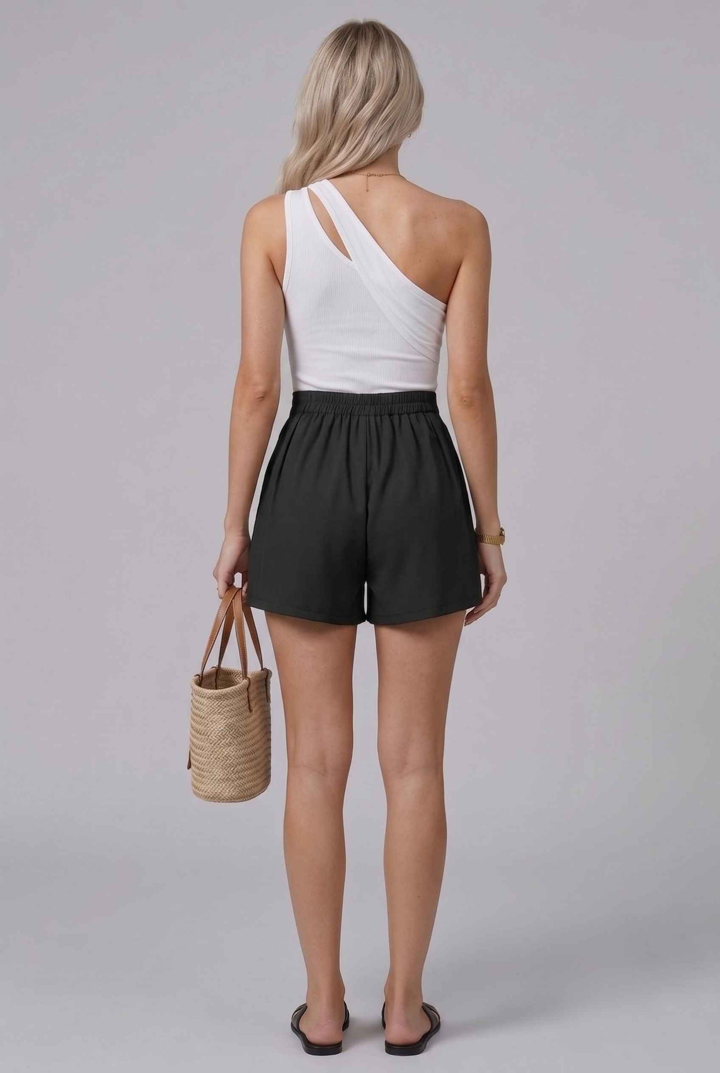 Virtual model wearing The Piper Pleated Short Rose Button Black V-Waist Short