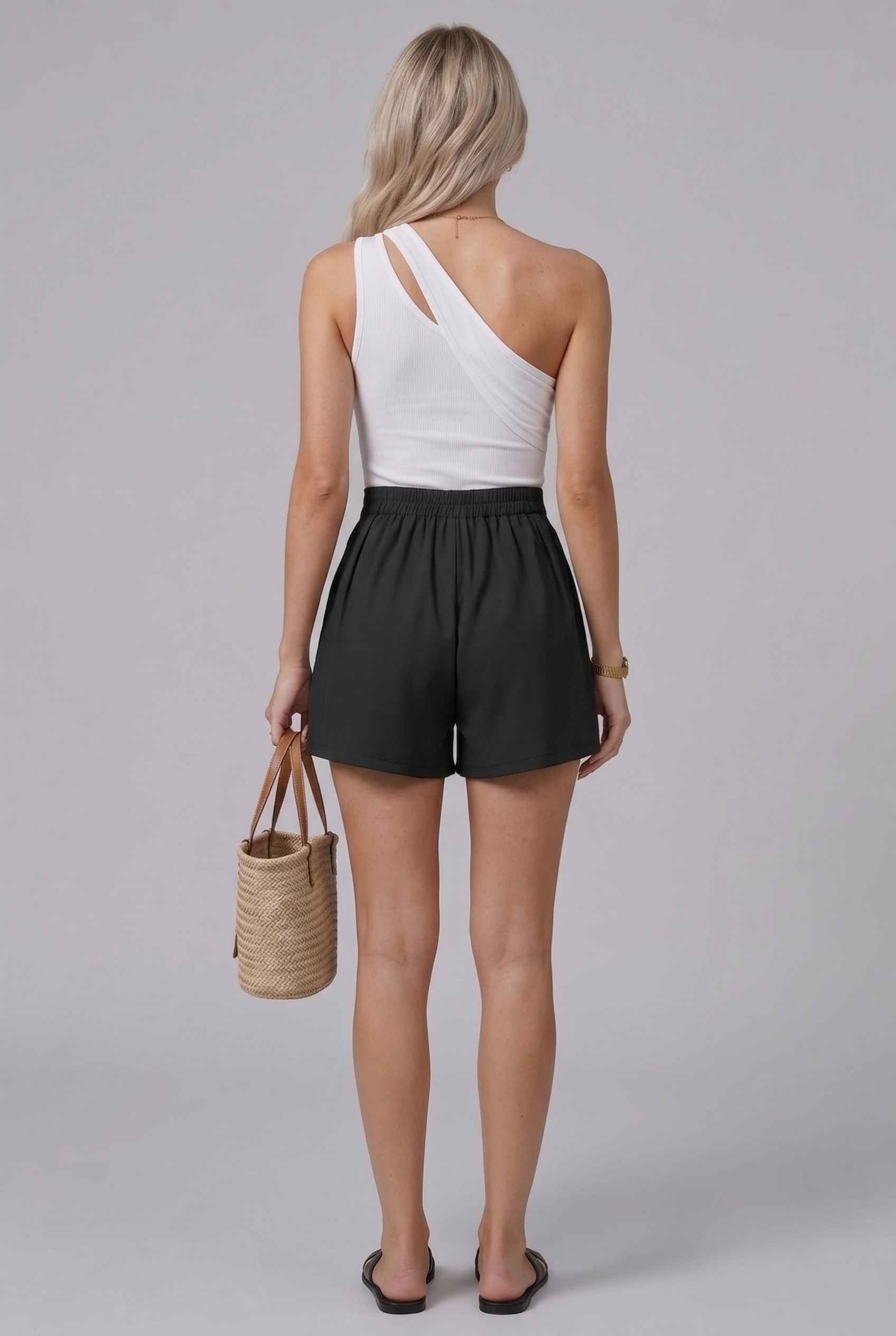 Virtual model wearing The Piper Pleated Short Rose Button Black V-Waist Short