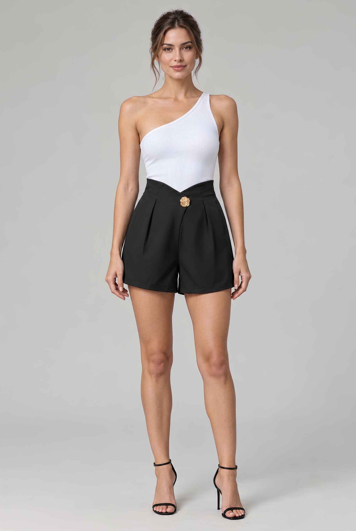 Virtual model wearing The Piper Pleated Short Rose Button V-Waist Pleated Tailored Short Black