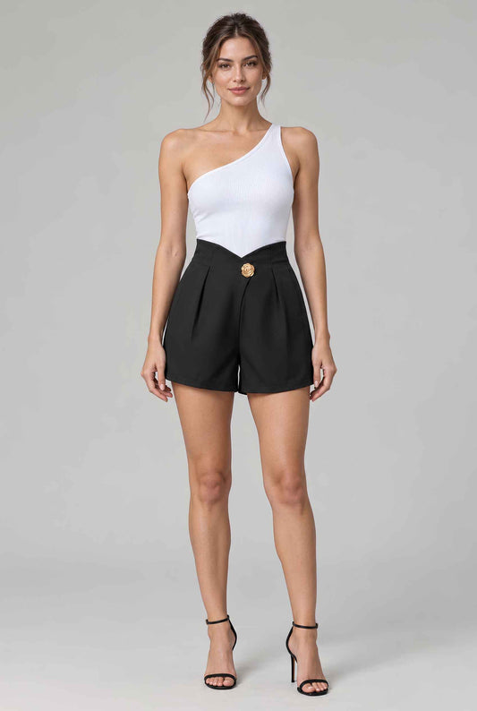 Virtual model wearing The Piper Pleated Short Rose Button V-Waist Pleated Tailored Short Black