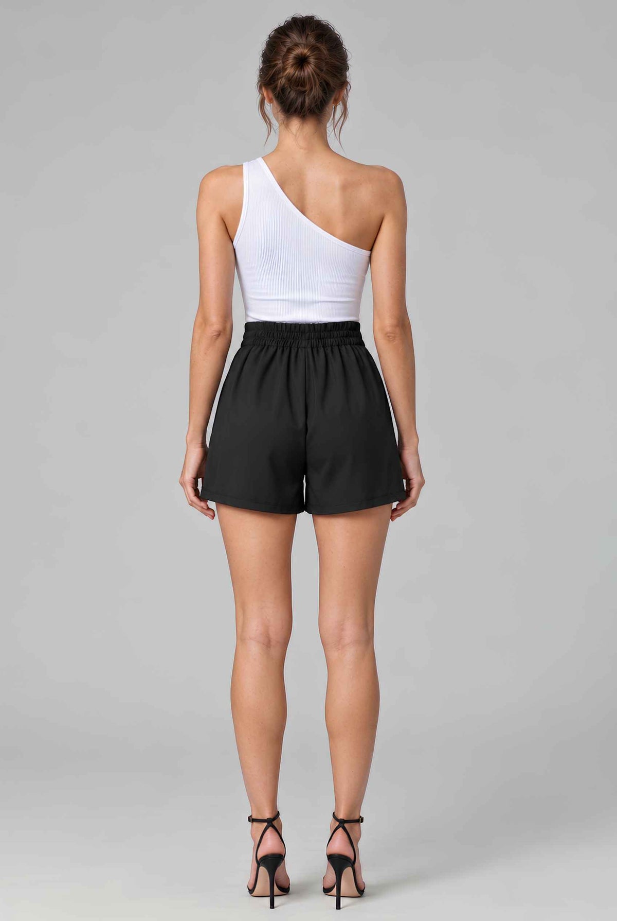 Virtual model wearing The Piper Pleated Short Rose Button V-Waist Pleated Tailored Short Black