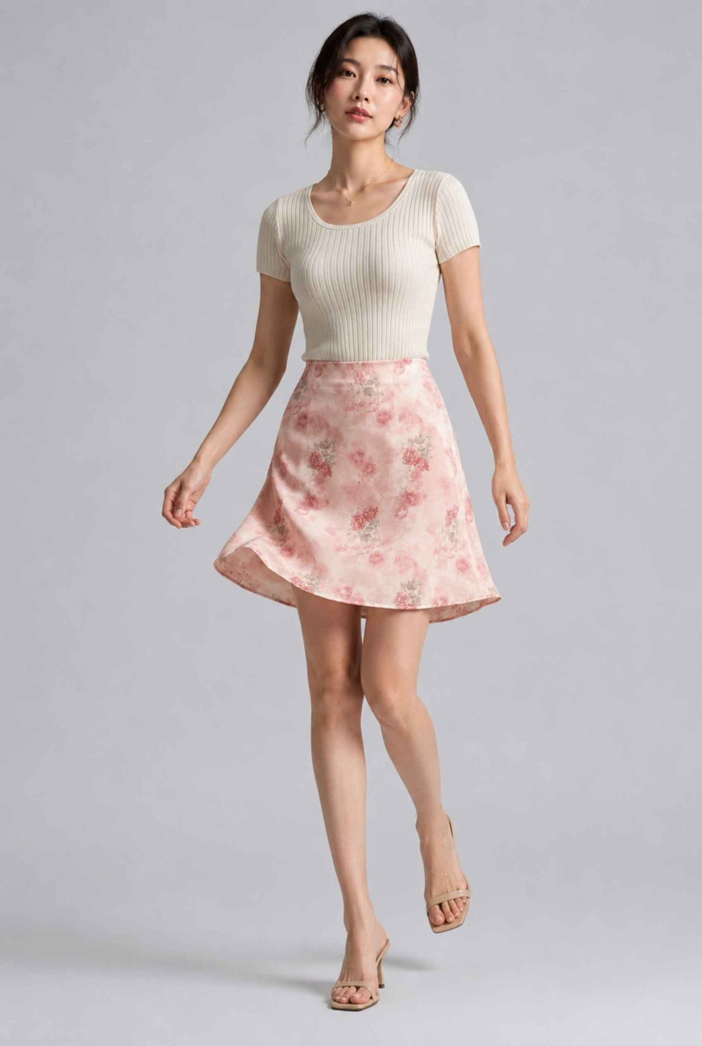 Virtual Model wearing The Poppy Chiffon Mini Skirt Watercolor Pink Floral Chiffon Skirt