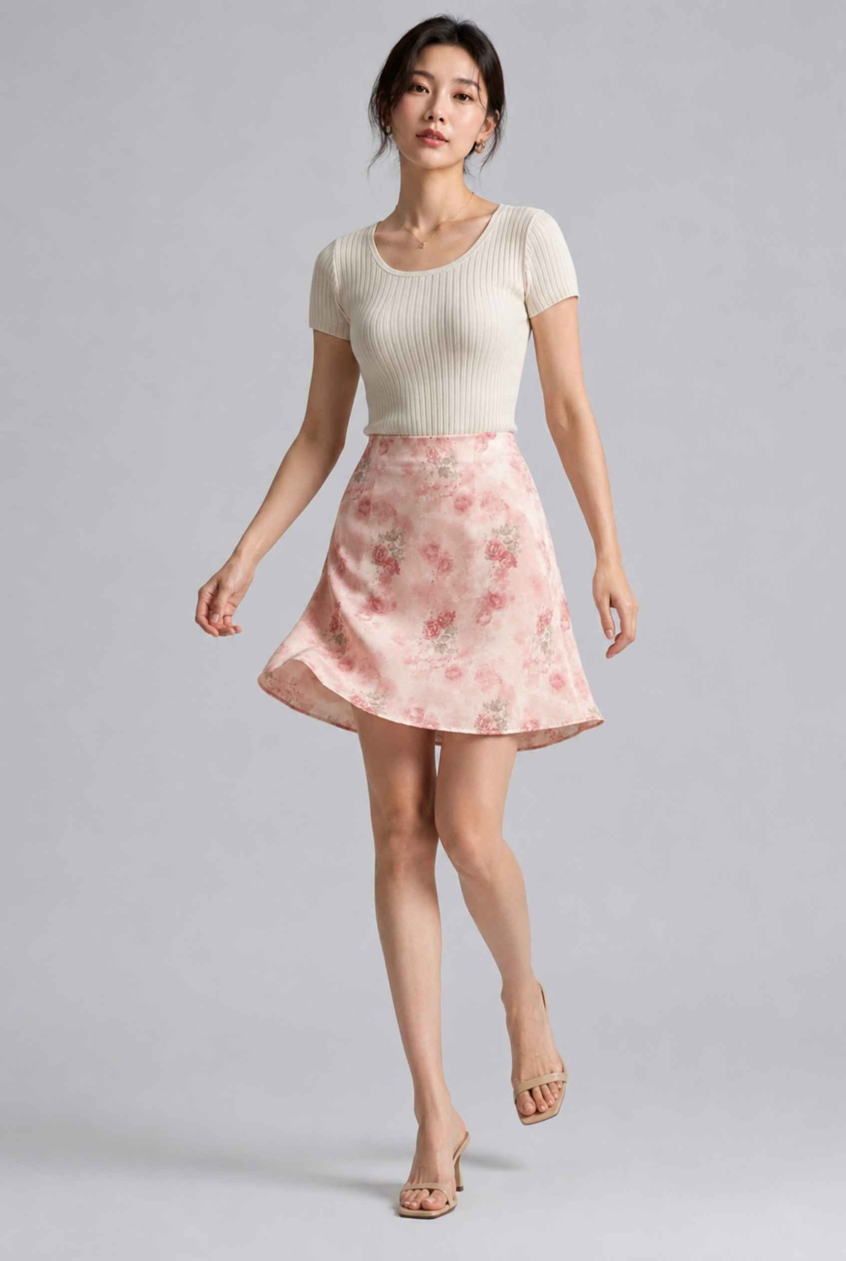 Virtual Model wearing The Poppy Chiffon Mini Skirt Watercolor Pink Floral Chiffon Skirt