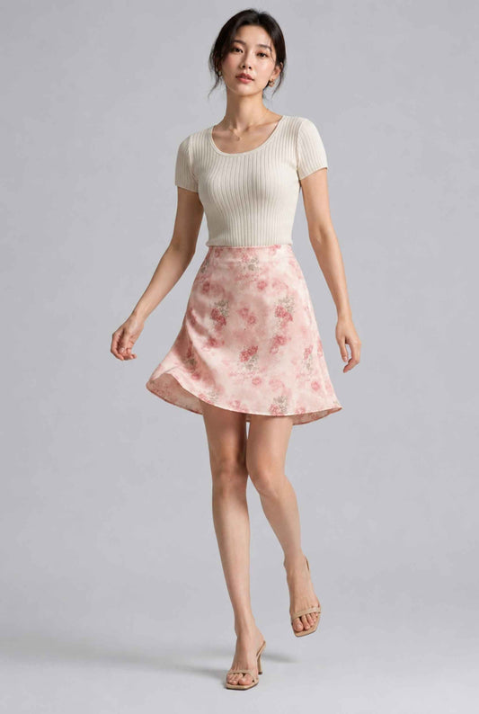 Virtual Model wearing The Poppy Chiffon Mini Skirt Watercolor Pink Floral Chiffon Skirt