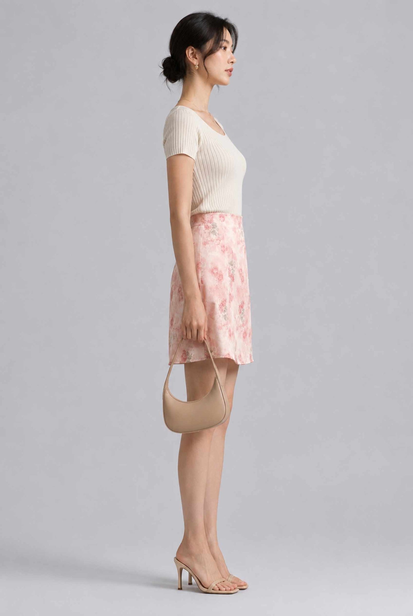 Virtual Model wearing The Poppy Chiffon Mini Skirt Watercolor Pink Floral Chiffon Skirt