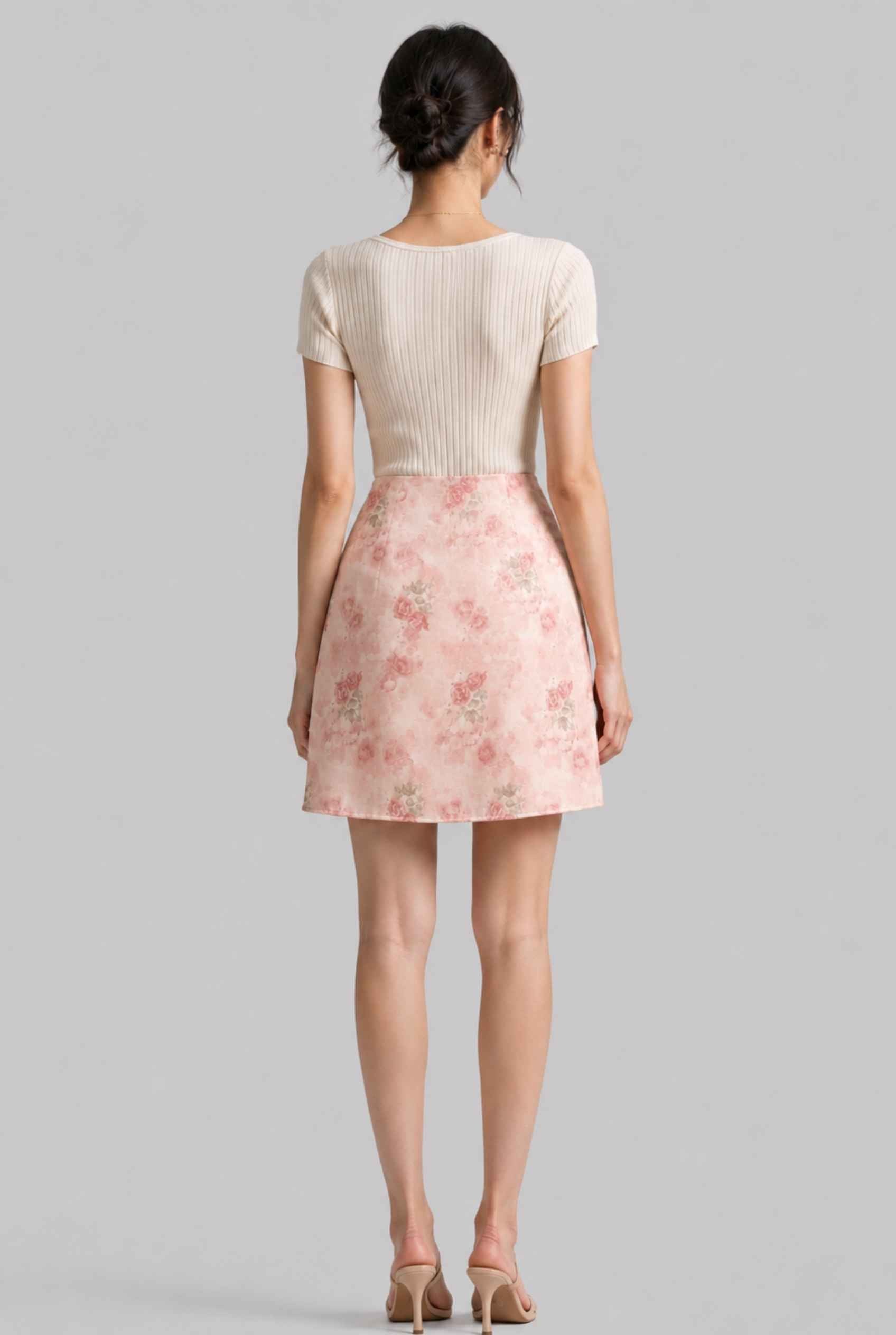 Virtual Model wearing The Poppy Chiffon Mini Skirt Watercolor Pink Floral Chiffon Skirt
