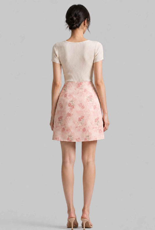 Virtual Model wearing The Poppy Chiffon Mini Skirt Watercolor Pink Floral Chiffon Skirt