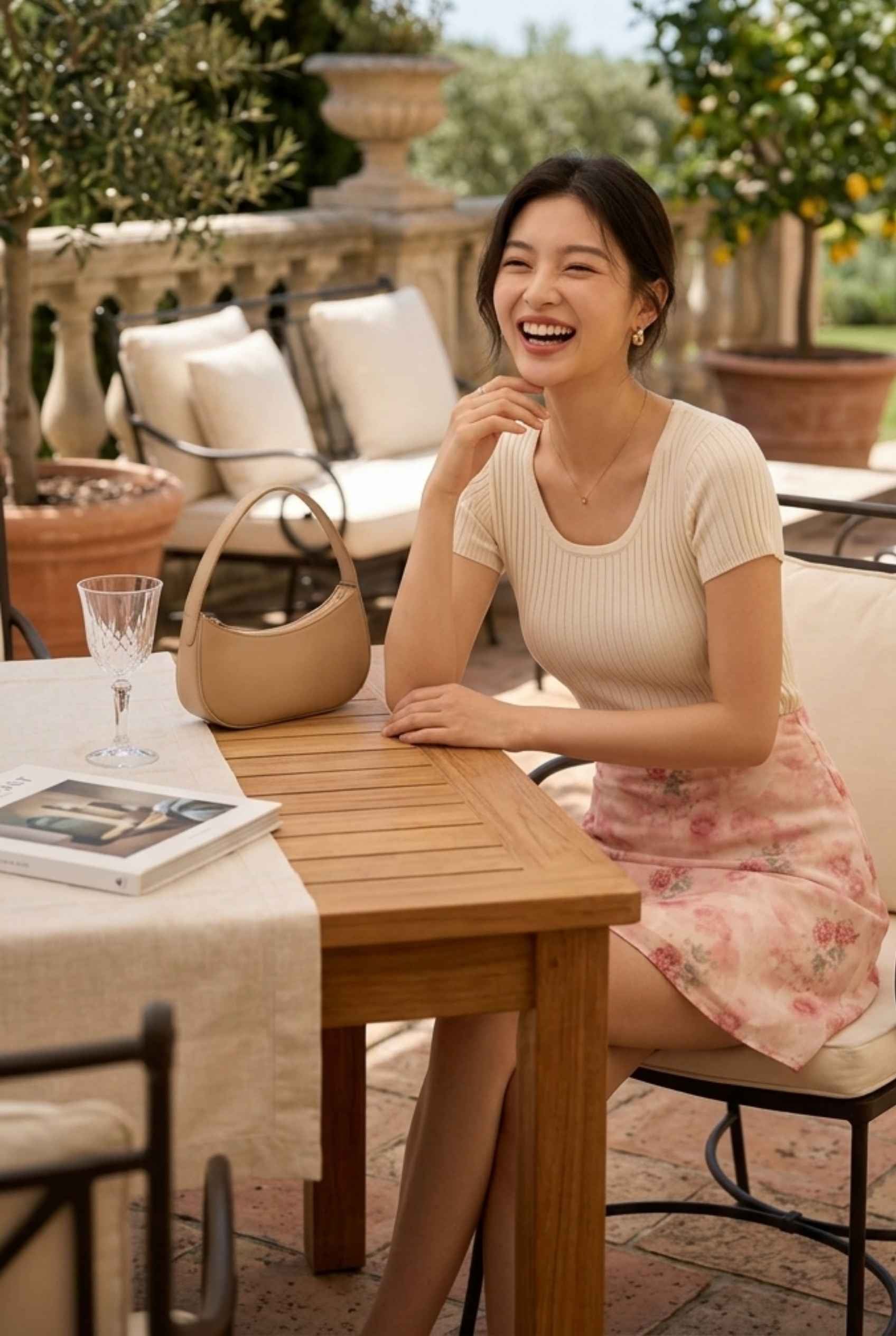 Virtual Model wearing The Poppy Chiffon Mini Skirt Watercolor Pink Floral Chiffon Skirt