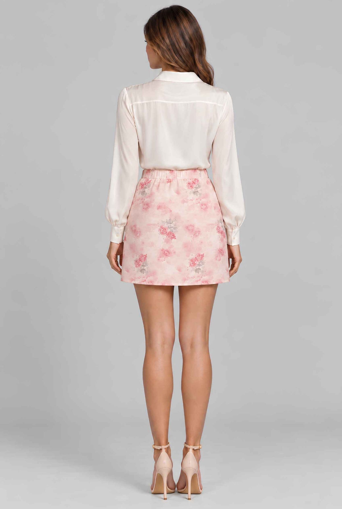 Virtual model wearing The Poppy Chiffon Skirt Watercolor Floral Chiffon Pencil Skirt in Pink