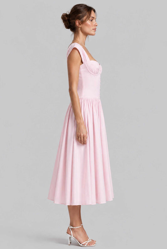 Virtual model wearing The Posie Poplin Dress Bustier Top Poplin Midi Dress in Pink