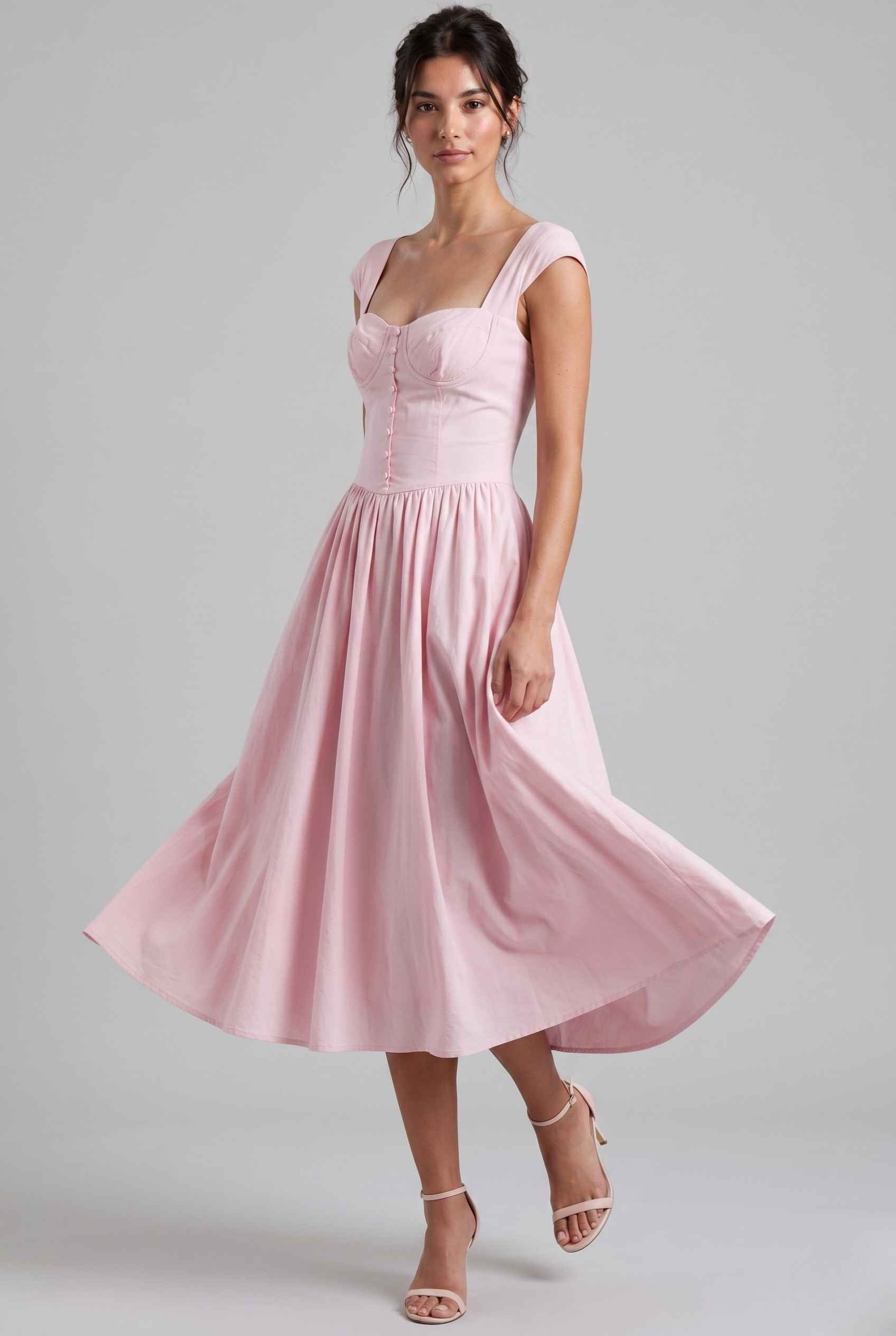 Virtual Model wearing The Posie Poplin Midi Bustier Top Pink Poplin Dress