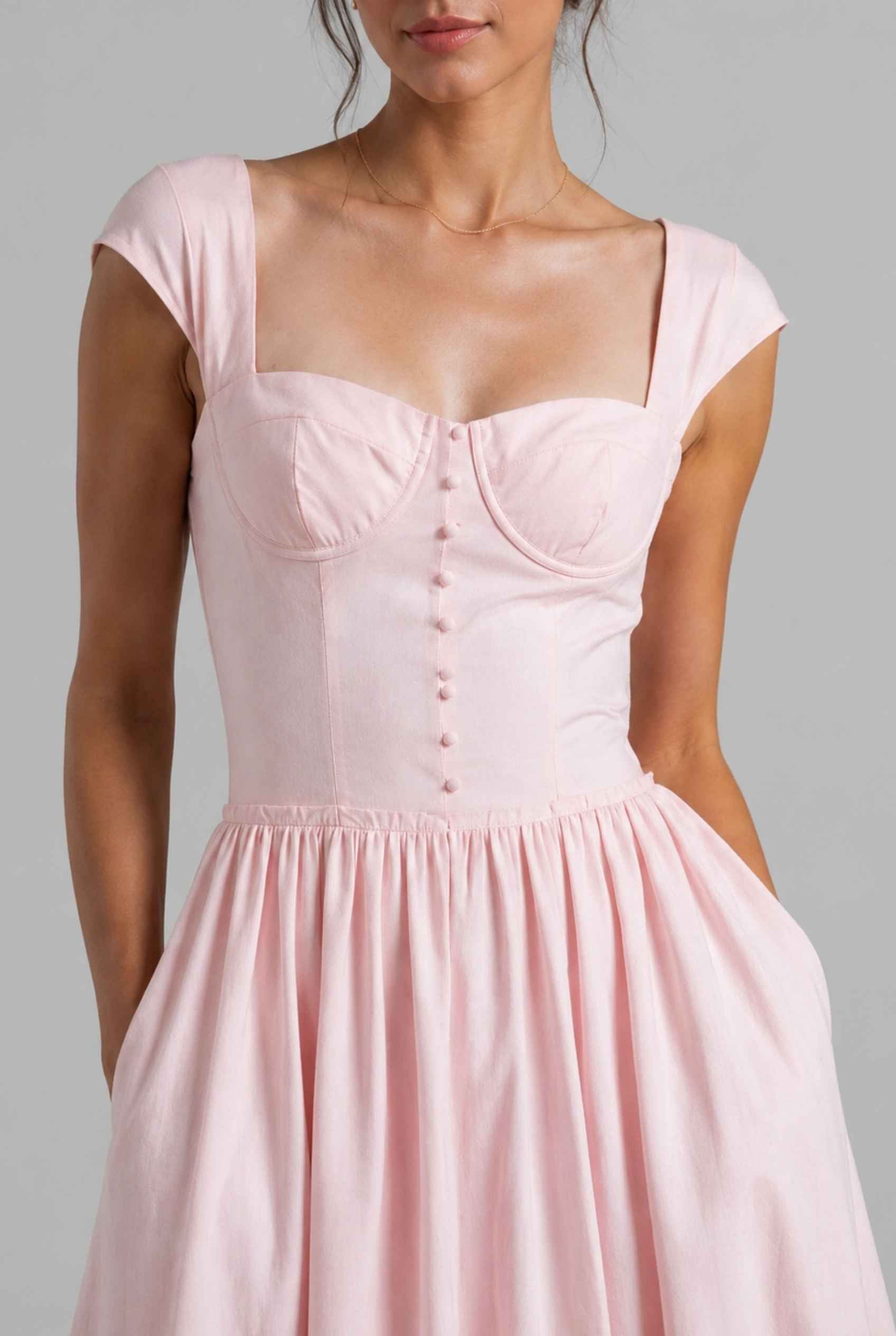 Virtual Model wearing The Posie Poplin Midi Bustier Top Pink Poplin Dress