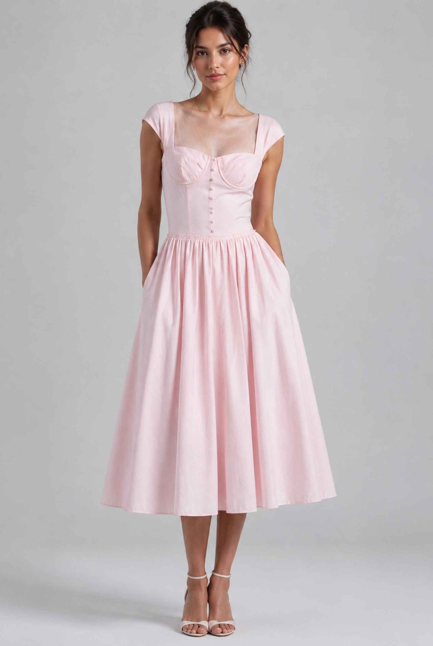 Virtual Model wearing The Posie Poplin Midi Bustier Top Pink Poplin Dress