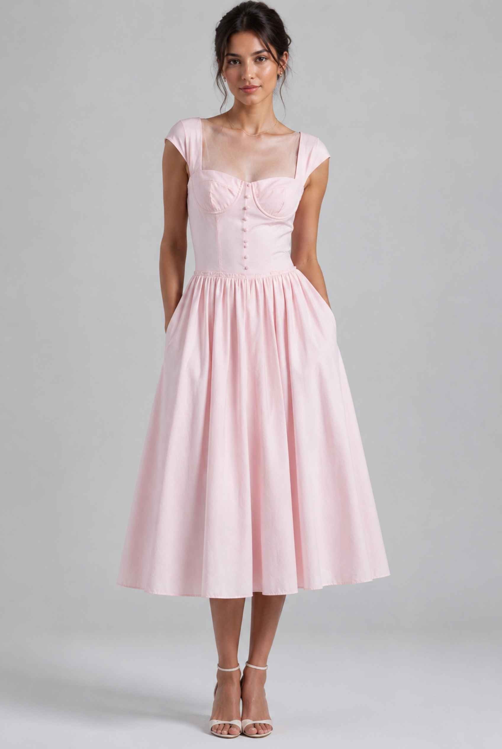 Virtual Model wearing The Posie Poplin Midi Bustier Top Pink Poplin Dress
