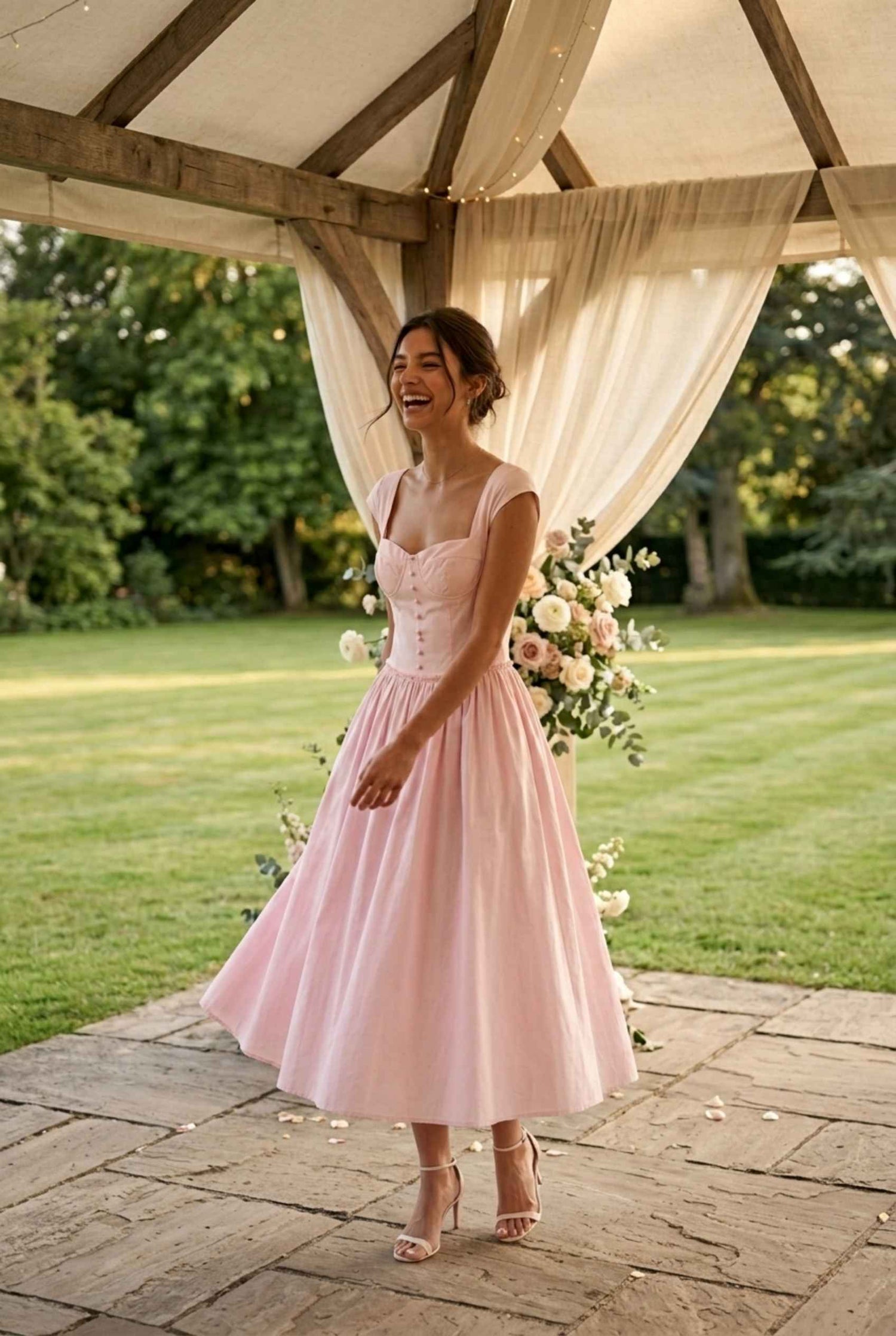 Virtual Model wearing The Posie Poplin Midi Bustier Top Pink Poplin Dress