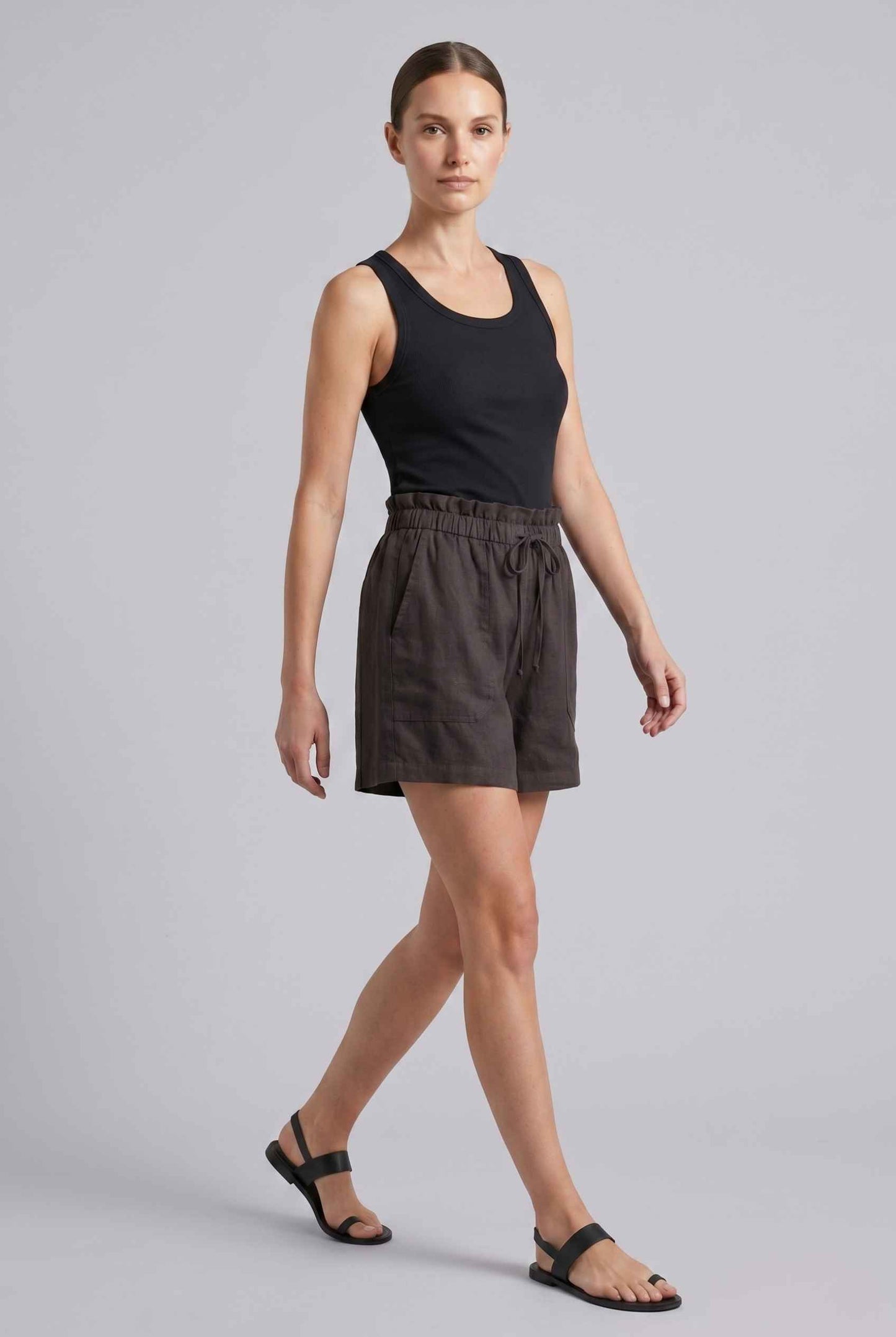 Virtual Model wearing The Primrose Paperbag Short High-Waisted Brown Textured Shorts
