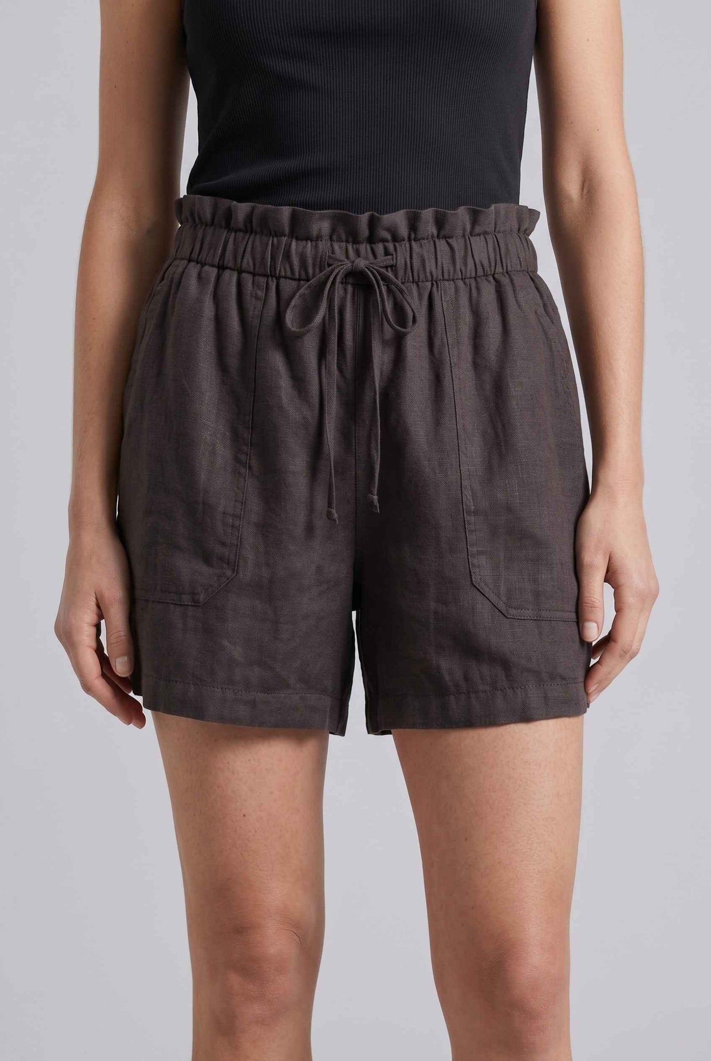 Virtual Model wearing The Primrose Paperbag Short High-Waisted Brown Textured Shorts
