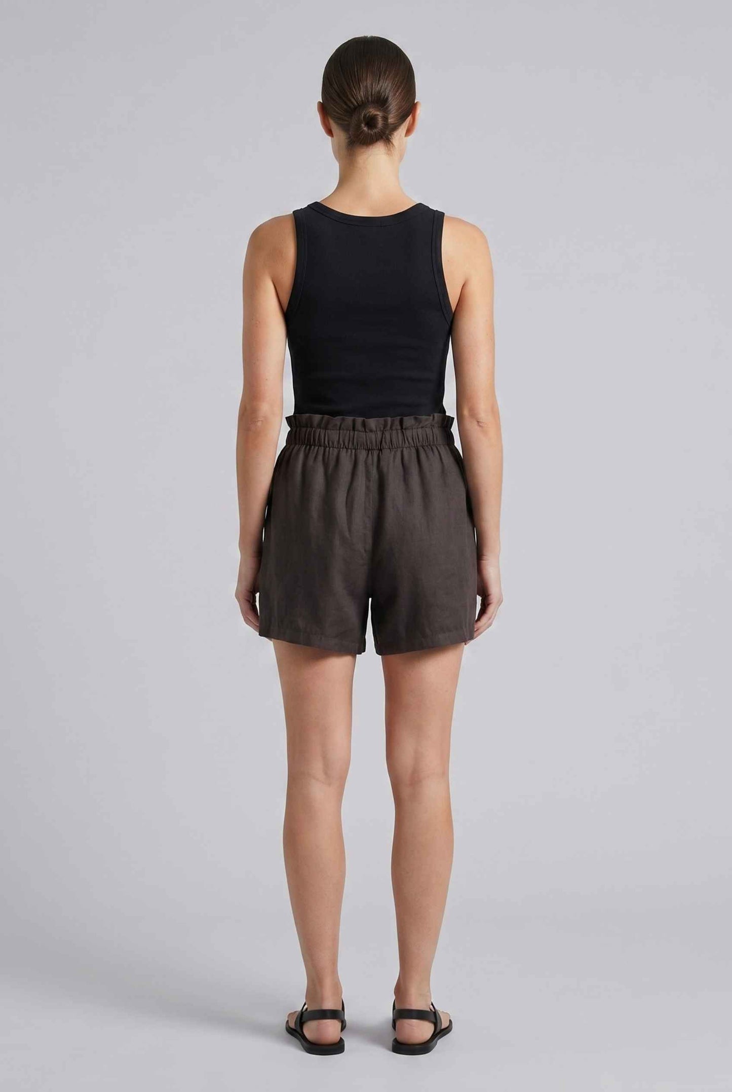 Virtual Model wearing The Primrose Paperbag Short High-Waisted Brown Textured Shorts