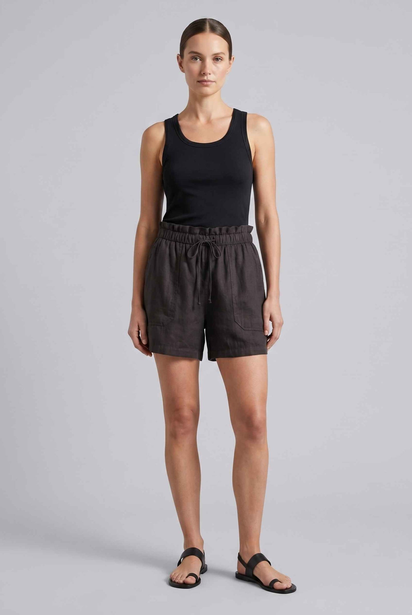 Virtual Model wearing The Primrose Paperbag Short High-Waisted Brown Textured Shorts