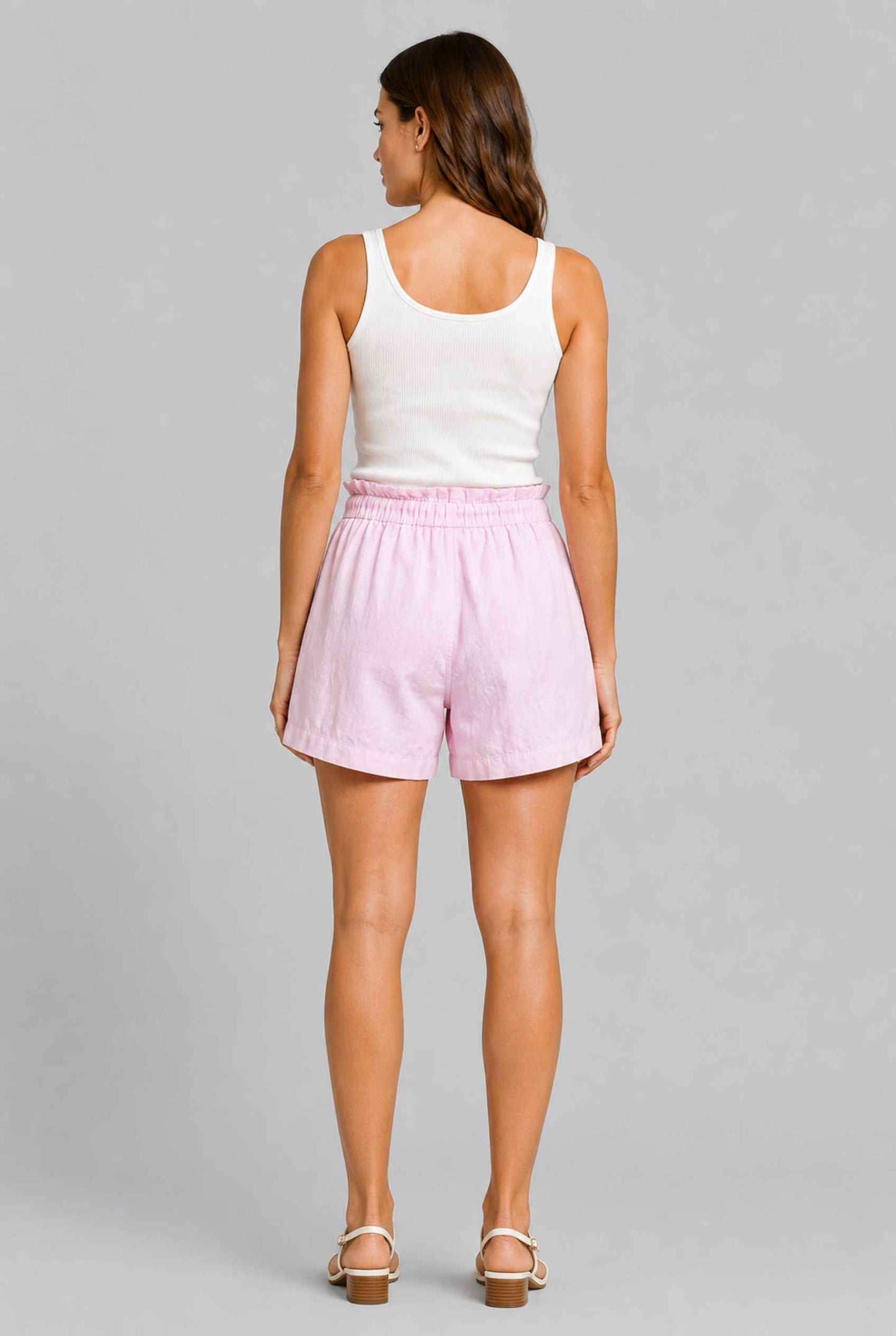 Virtual Model wearing The Primrose Paperbag Short High-Waisted Pink Textured Shorts